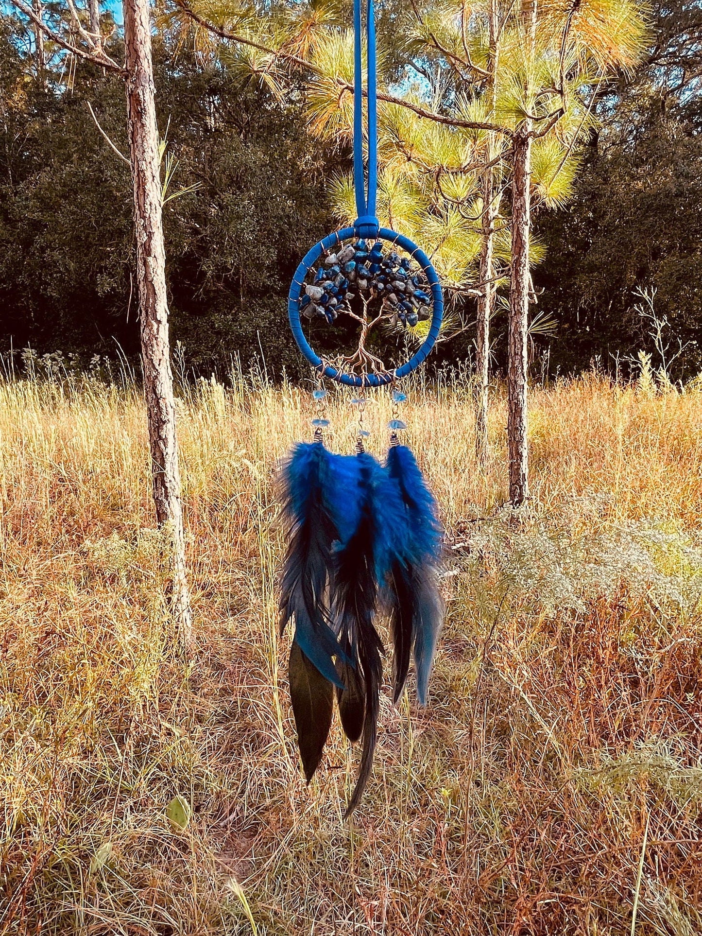 Handmade Blue Tree of Life Dreamcatcher with Blue & Black Feathers - Lapis Lazuli -- Rearview Mirror Hanging or Wall Hanging-1