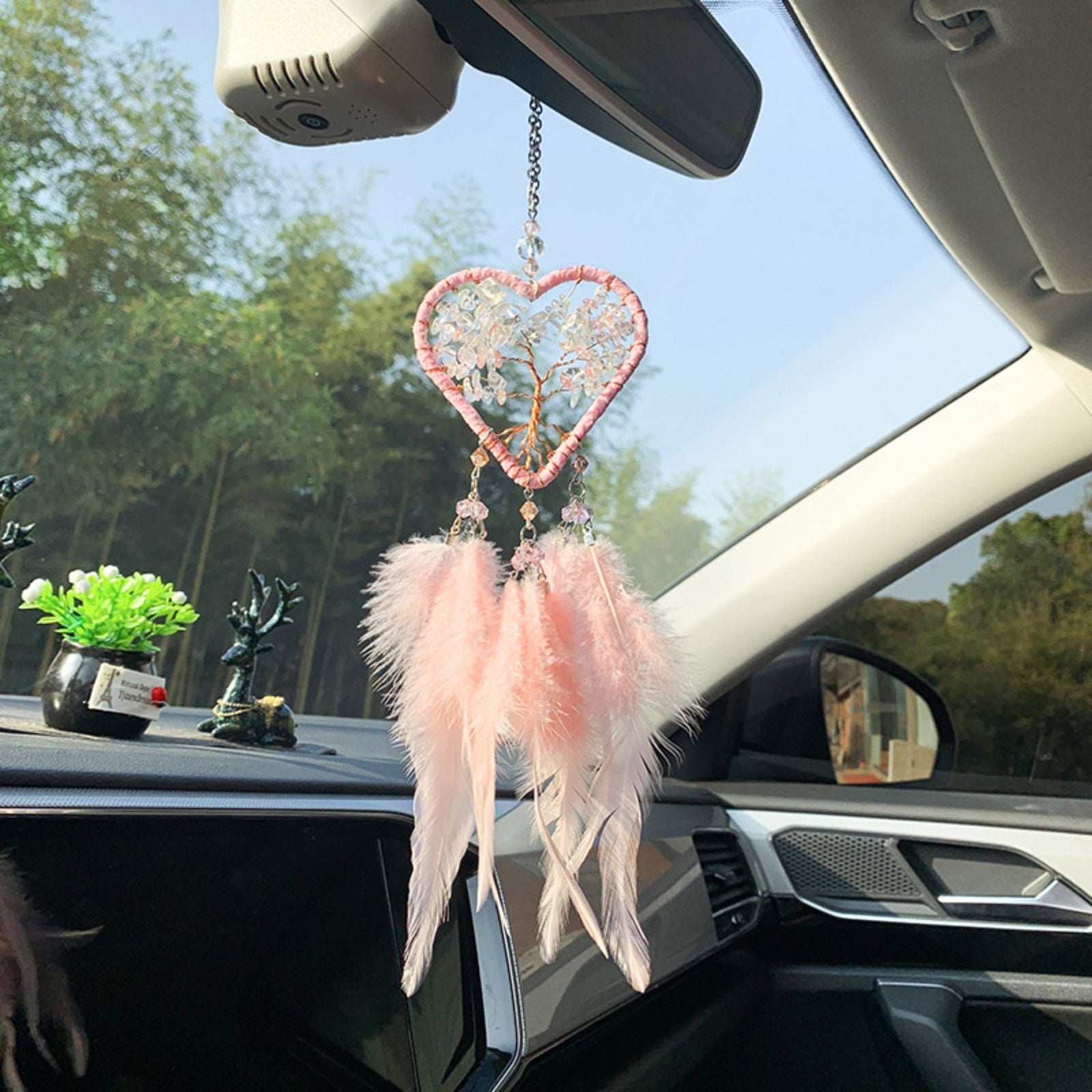 Handmade Pink Heart Shape Tree of Life Dreamcatcher with Pink Feathers - Rose Quartz Rearview Mirror Hanging or Wall Hanging-3