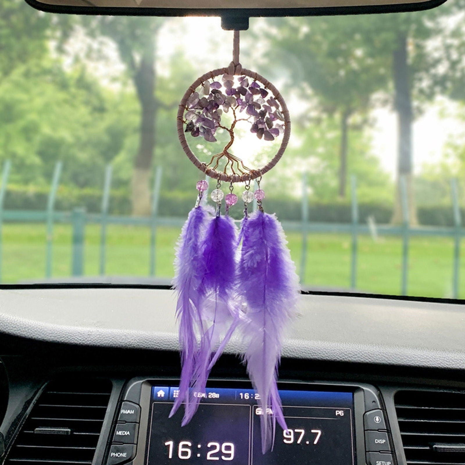 Handmade Purple Tree of Life Dreamcatcher with Purple Feathers - Amethyst Stones -- Rearview Mirror Hanging or Wall Hanging-0