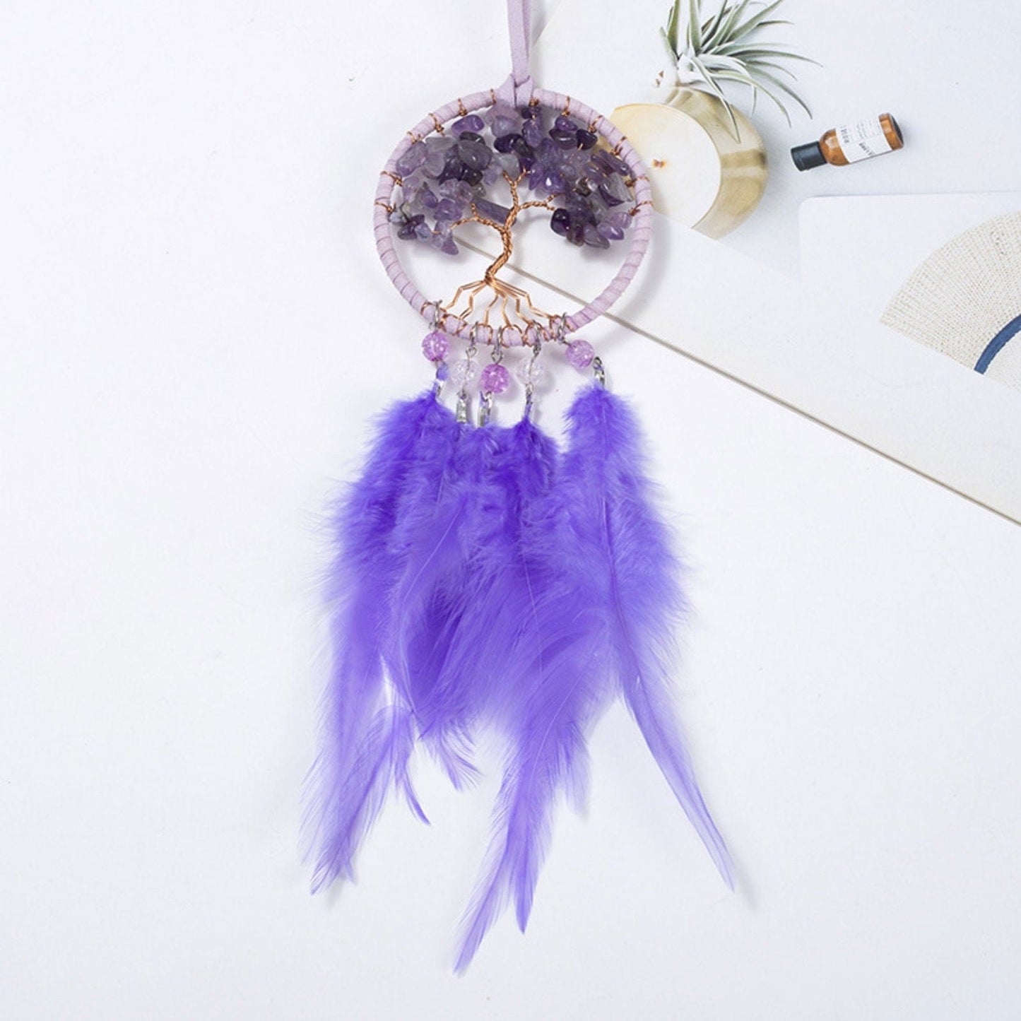 Handmade Purple Tree of Life Dreamcatcher with Purple Feathers - Amethyst Stones -- Rearview Mirror Hanging or Wall Hanging-1