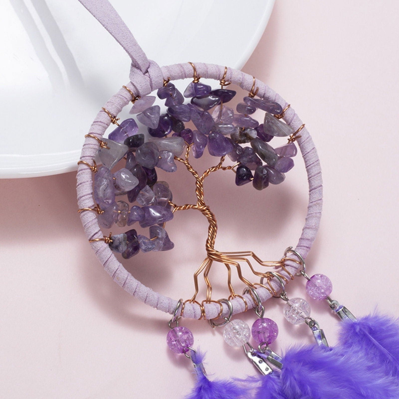 Handmade Purple Tree of Life Dreamcatcher with Purple Feathers - Amethyst Stones -- Rearview Mirror Hanging or Wall Hanging-2