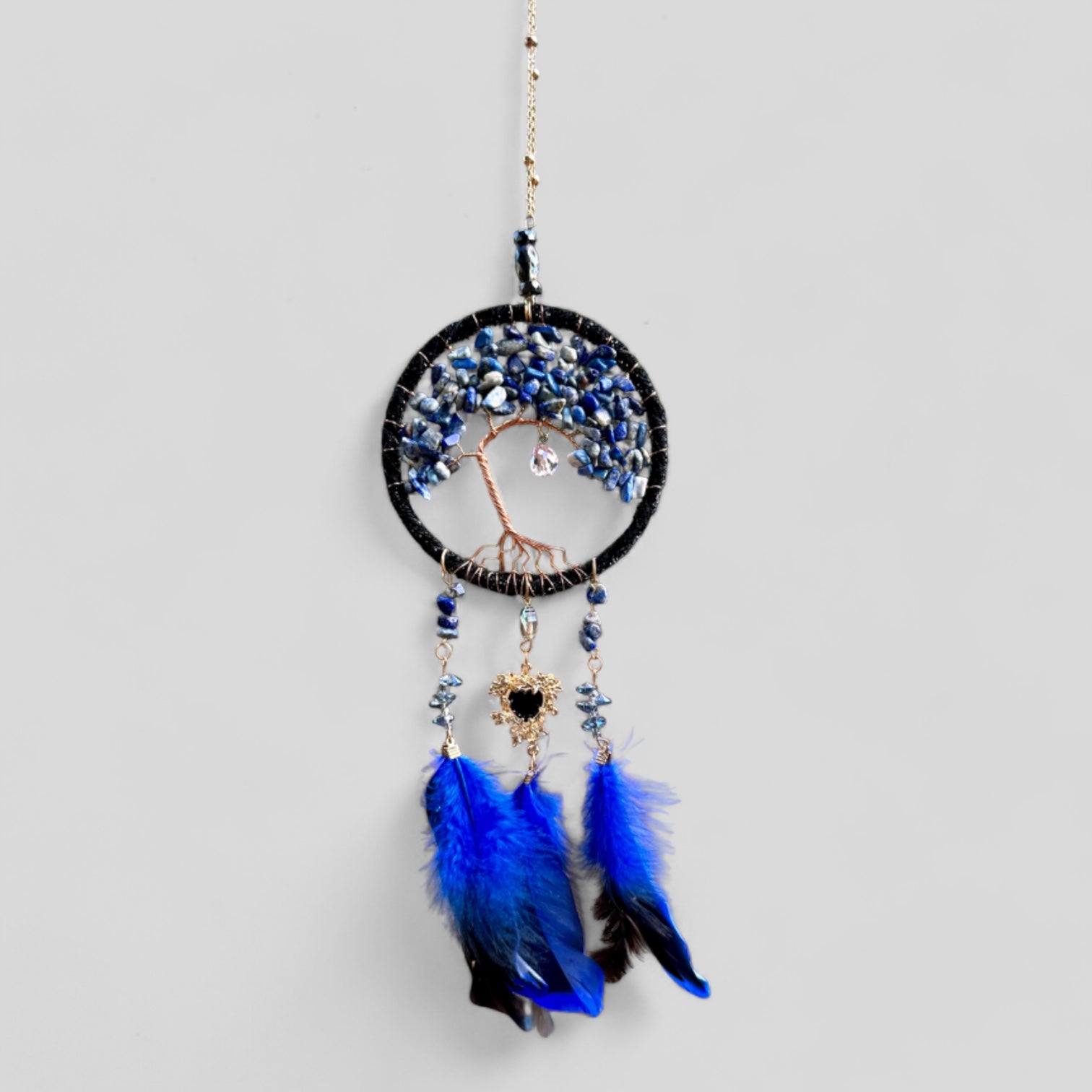 Medium Blue/Black Tree of Life Dreamcatcher with Black Heart Charm - Lapis Lazuli-- Rearview Mirror Hanging or Wall Hanging-0