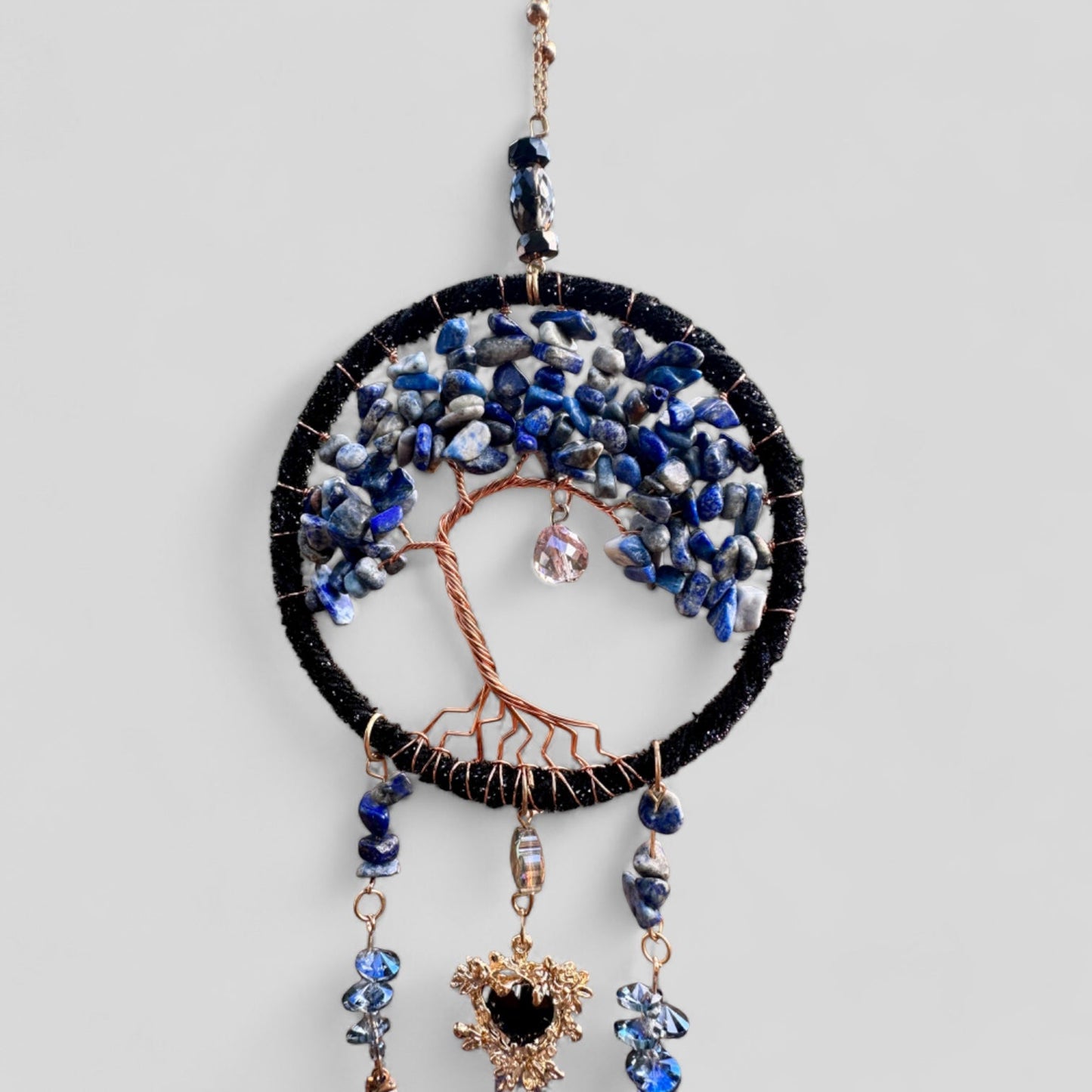 Medium Blue/Black Tree of Life Dreamcatcher with Black Heart Charm - Lapis Lazuli-- Rearview Mirror Hanging or Wall Hanging-1