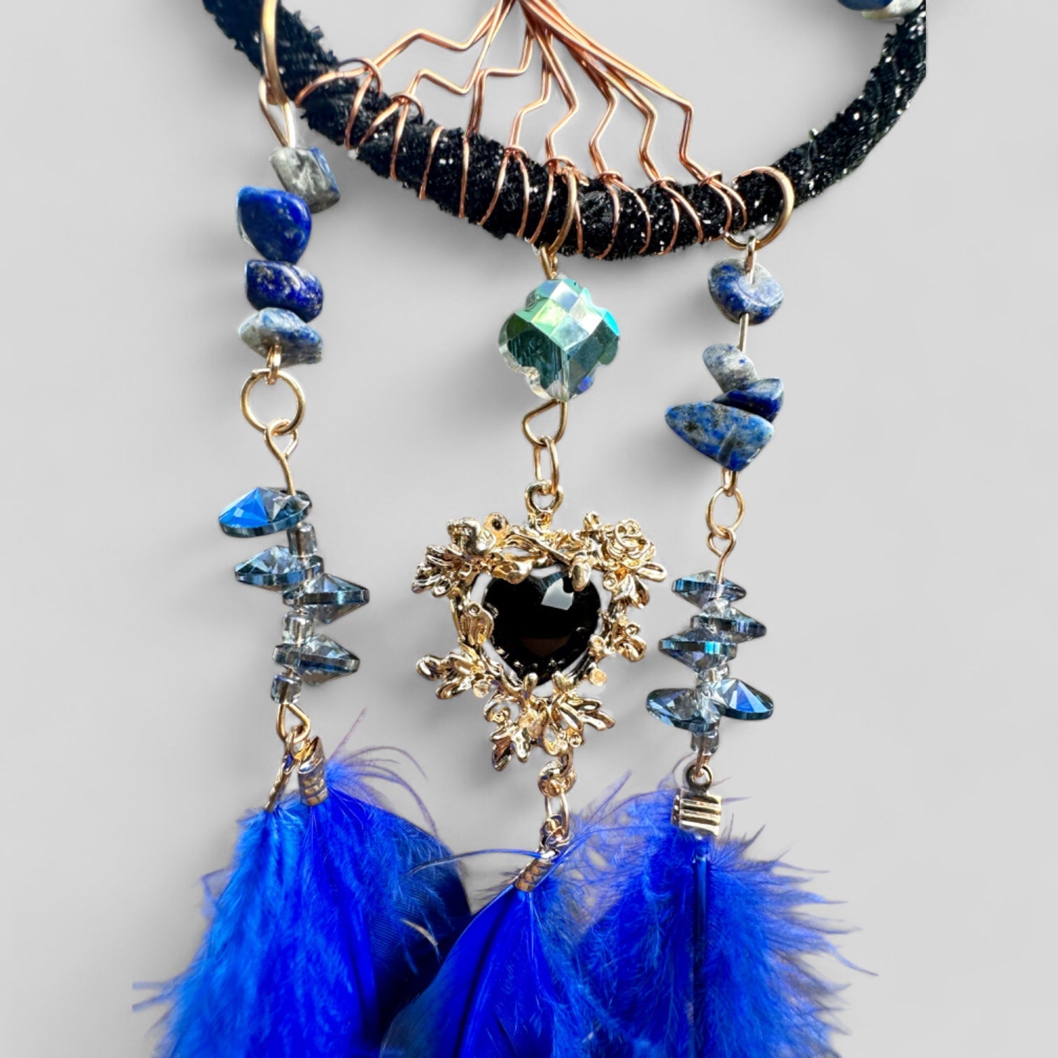Medium Blue/Black Tree of Life Dreamcatcher with Black Heart Charm - Lapis Lazuli-- Rearview Mirror Hanging or Wall Hanging-3