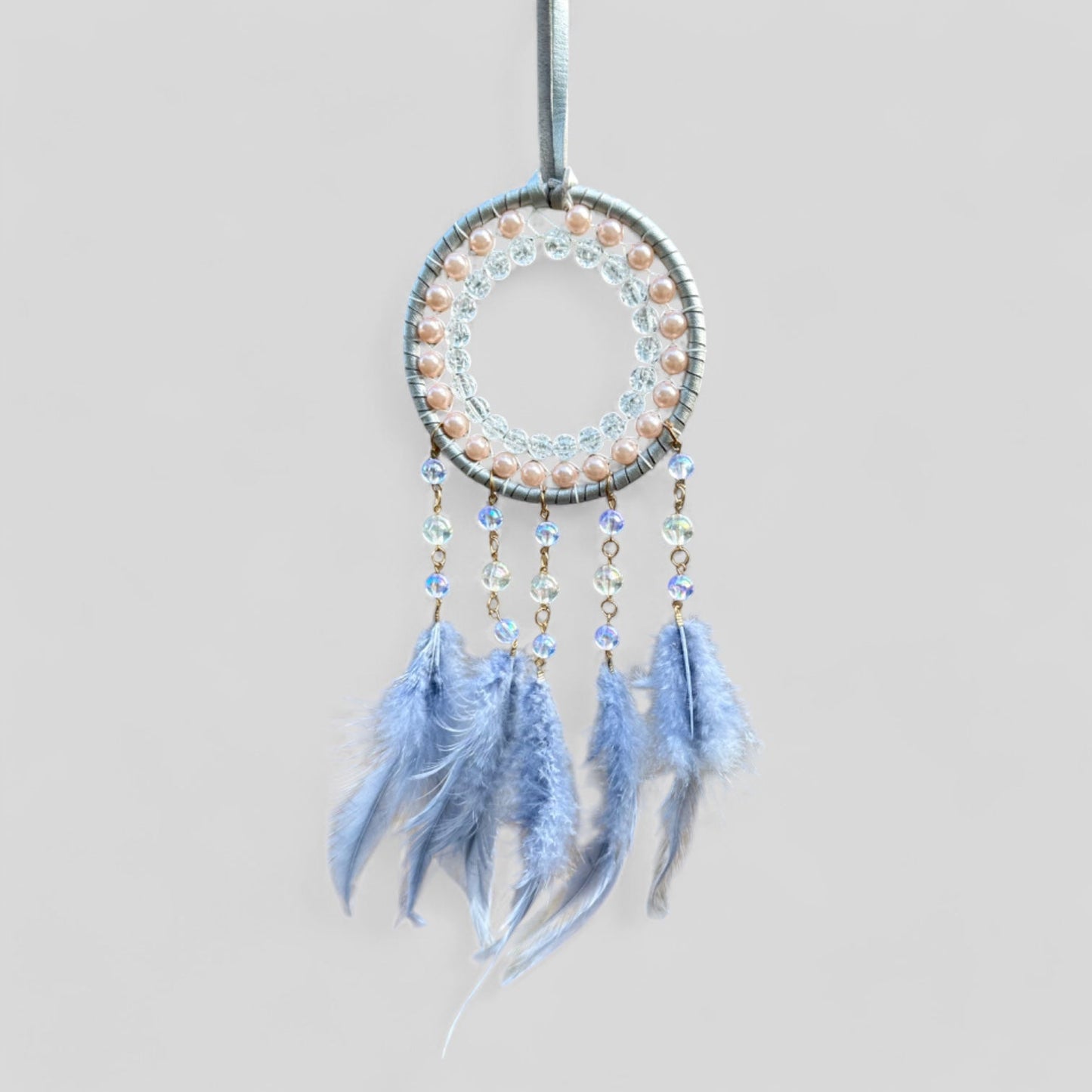 Grey Circle Round Dreamcatcher with Grey Feathers -- Rearview Mirror Hanging or Wall Hanging-0