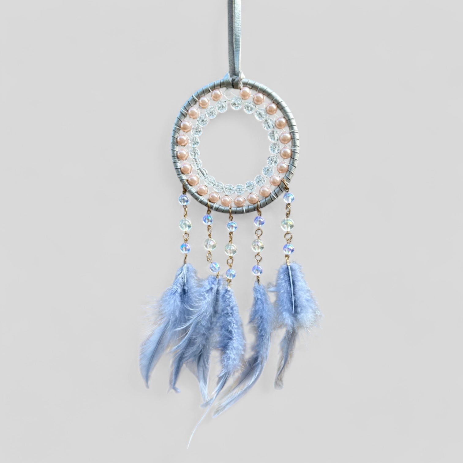 Grey Circle Round Dreamcatcher with Grey Feathers -- Rearview Mirror Hanging or Wall Hanging-0