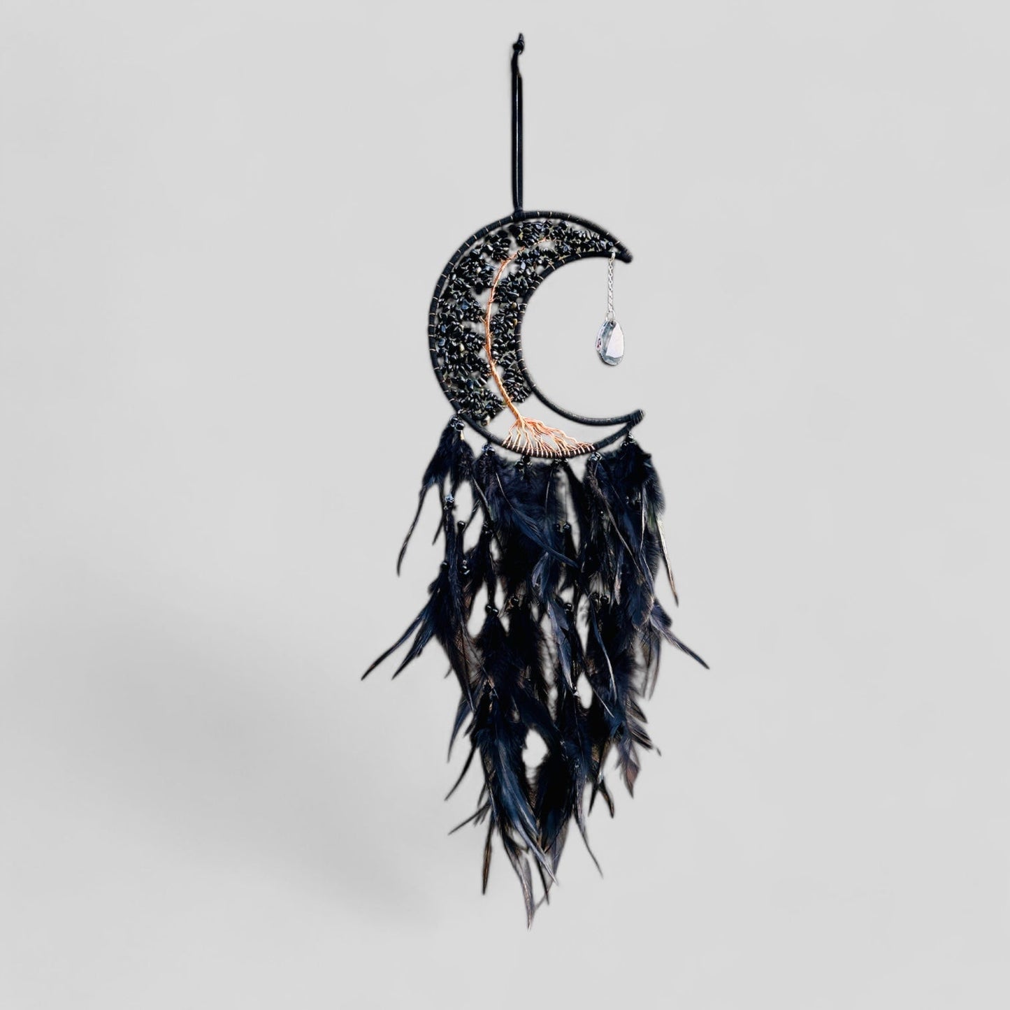 Medium Wall Hanging Crescent Moon Dream Catcher with Black Obsidian Stones & Hanging Stone Charm with Feathers Blacked Out Modern Home Decor-0