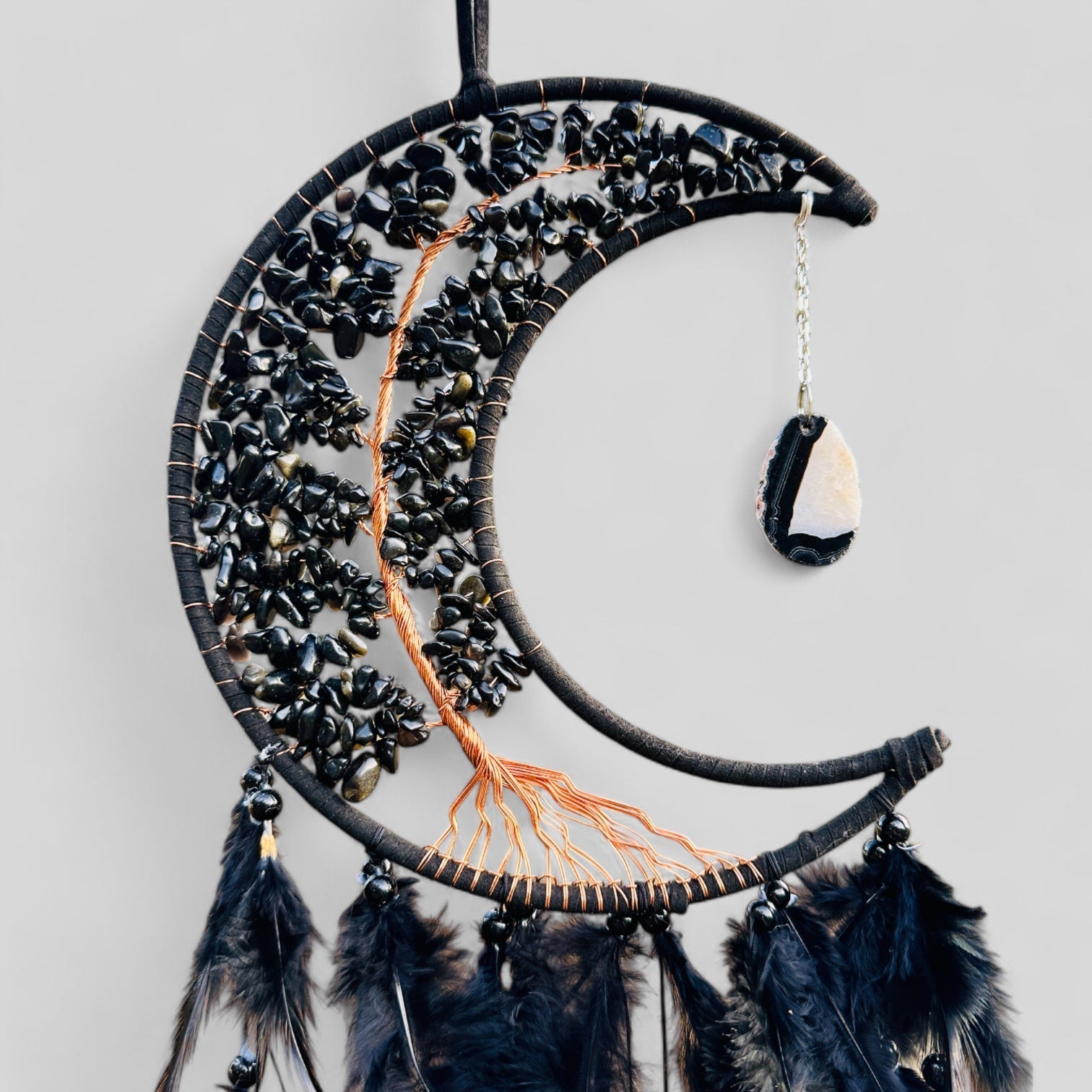 Medium Wall Hanging Crescent Moon Dream Catcher with Black Obsidian Stones & Hanging Stone Charm with Feathers Blacked Out Modern Home Decor-1