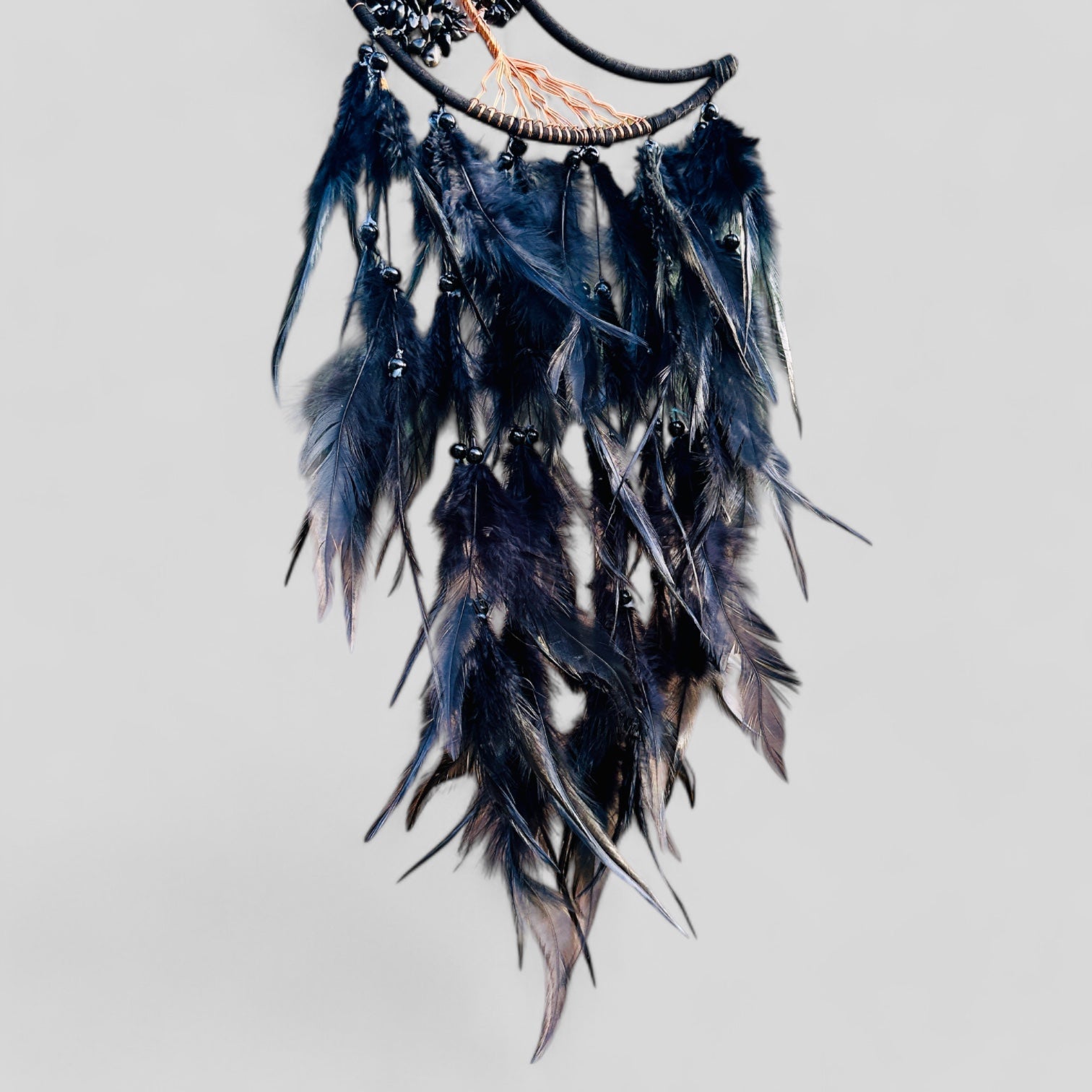 Medium Wall Hanging Crescent Moon Dream Catcher with Black Obsidian Stones & Hanging Stone Charm with Feathers Blacked Out Modern Home Decor-2