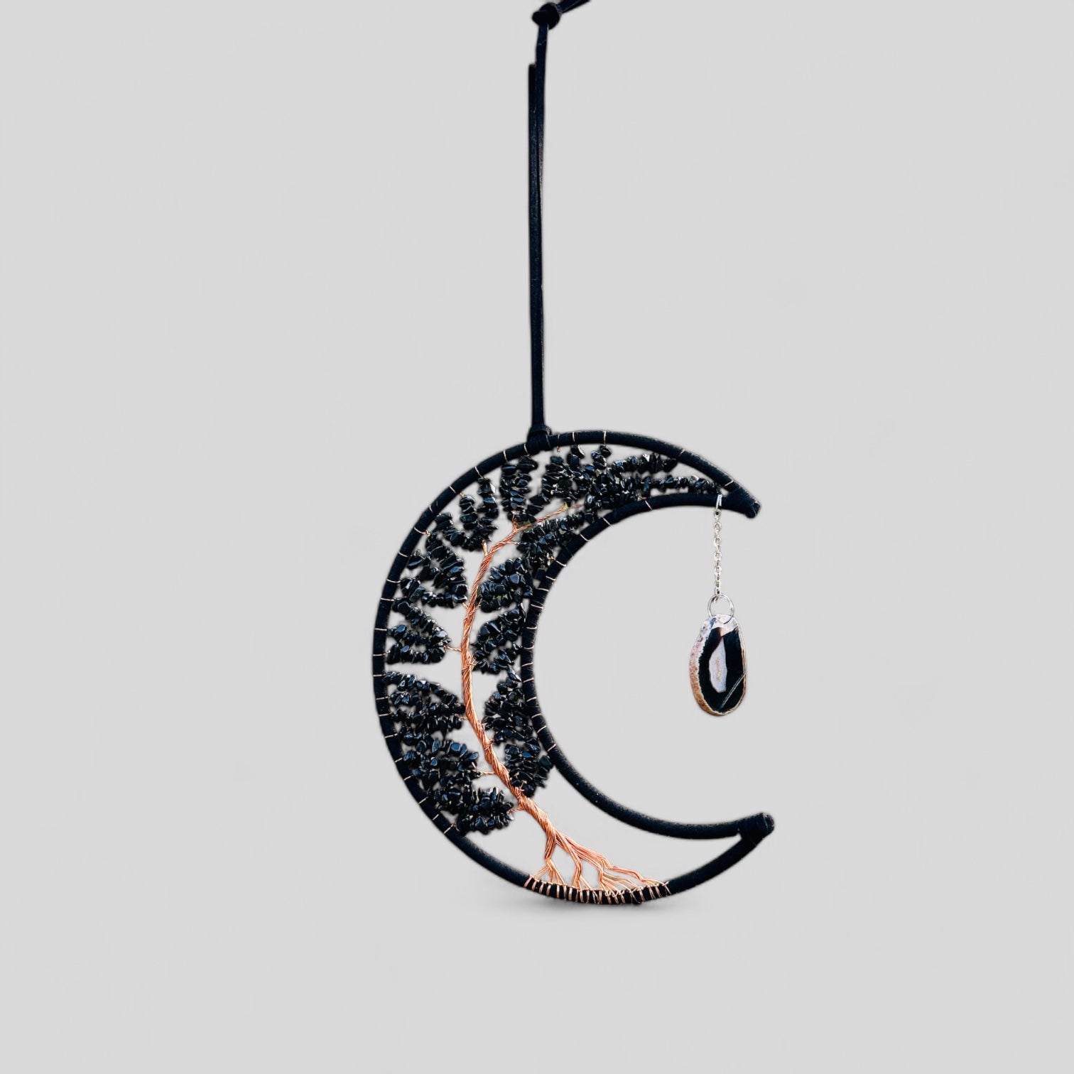 Medium Wall Hanging Crescent Moon Dream Catcher with Black Obsidian Stones & Hanging Stone Charm Blacked Out Modern Home Decor Tree of Life-0