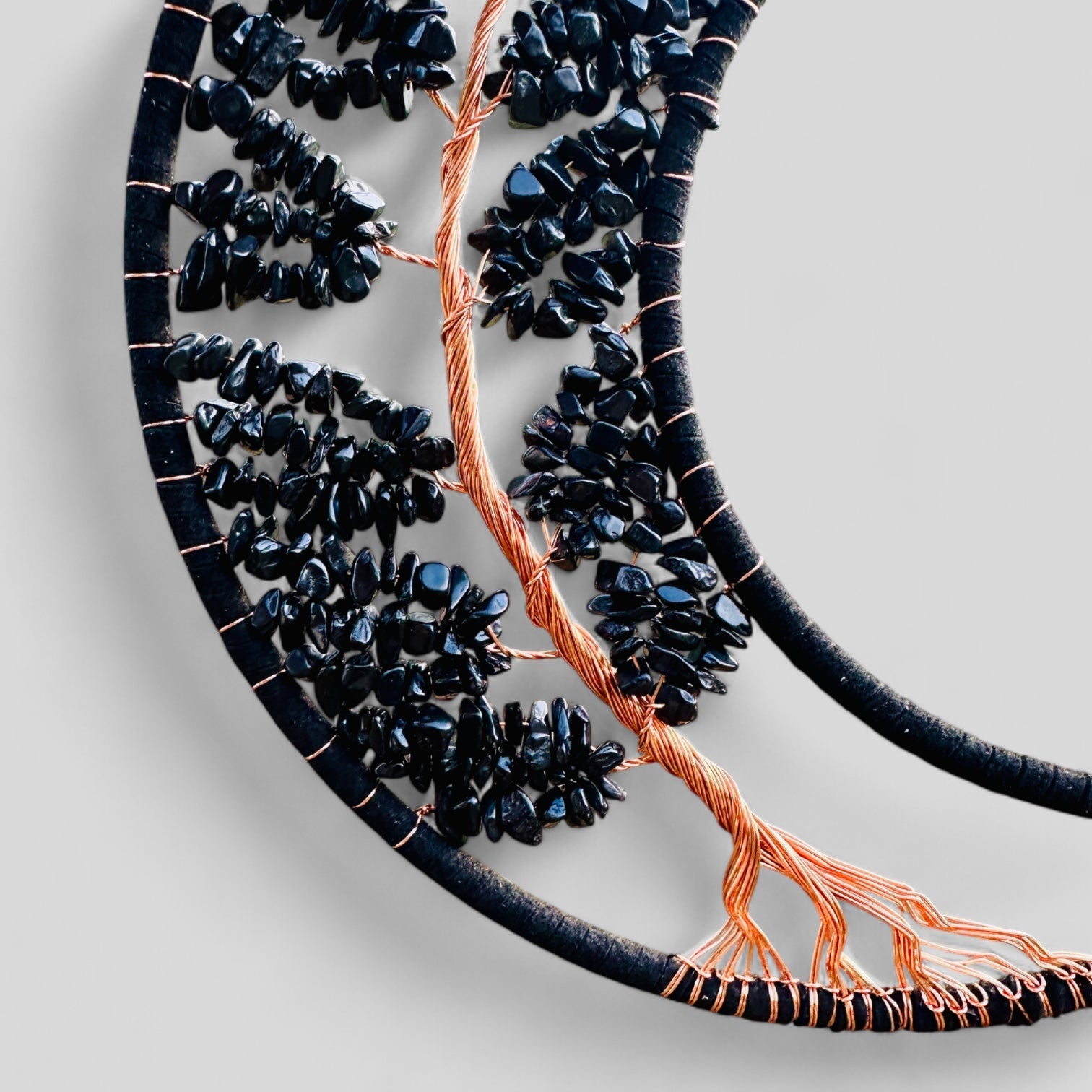 Medium Wall Hanging Crescent Moon Dream Catcher with Black Obsidian Stones & Hanging Stone Charm Blacked Out Modern Home Decor Tree of Life-1