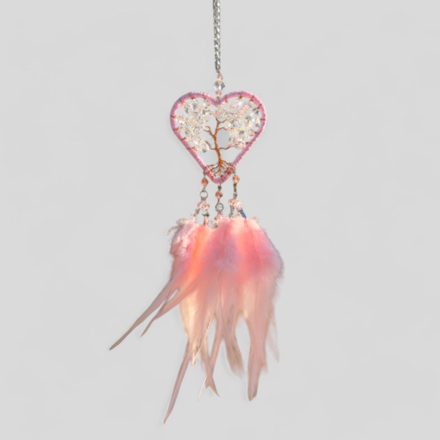 Handmade Pink Heart Shape Tree of Life Dreamcatcher with Pink Feathers - Rose Quartz Rearview Mirror Hanging or Wall Hanging-0