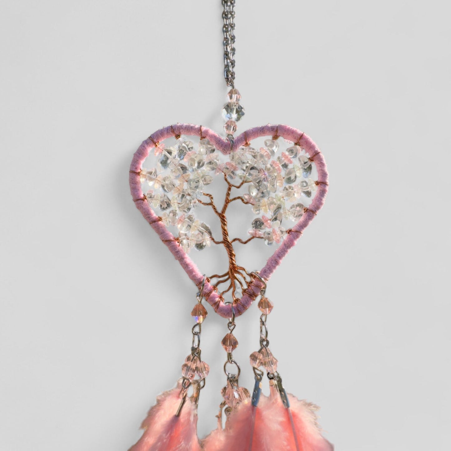 Handmade Pink Heart Shape Tree of Life Dreamcatcher with Pink Feathers - Rose Quartz Rearview Mirror Hanging or Wall Hanging-1
