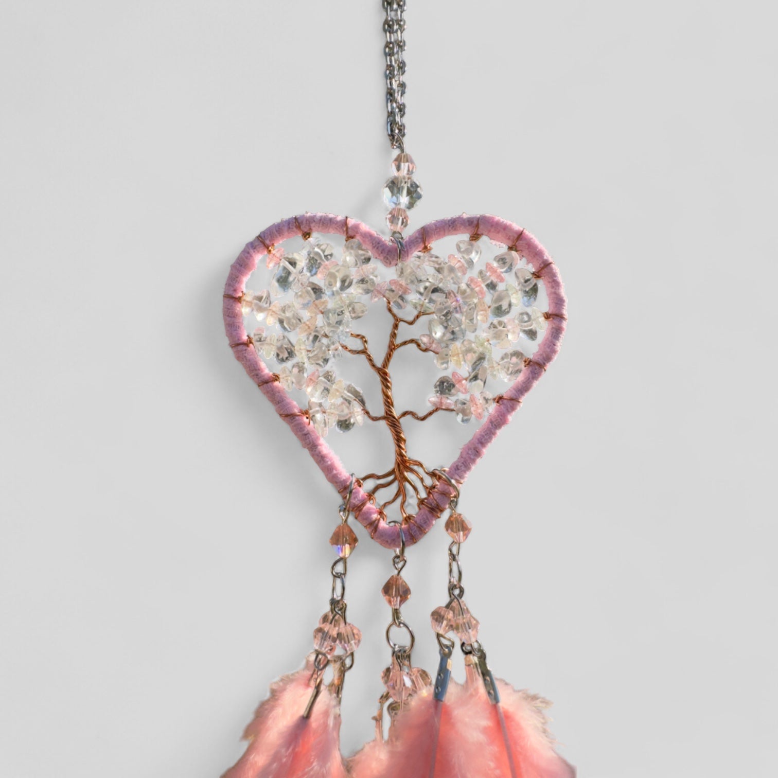 Handmade Pink Heart Shape Tree of Life Dreamcatcher with Pink Feathers - Rose Quartz Rearview Mirror Hanging or Wall Hanging-1