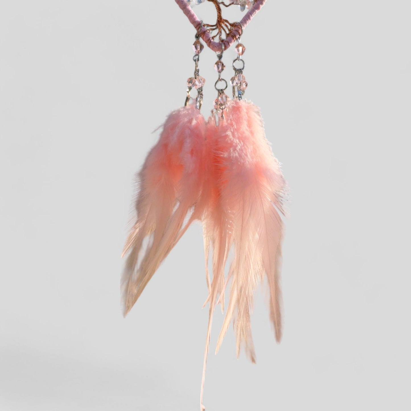 Handmade Pink Heart Shape Tree of Life Dreamcatcher with Pink Feathers - Rose Quartz Rearview Mirror Hanging or Wall Hanging-2