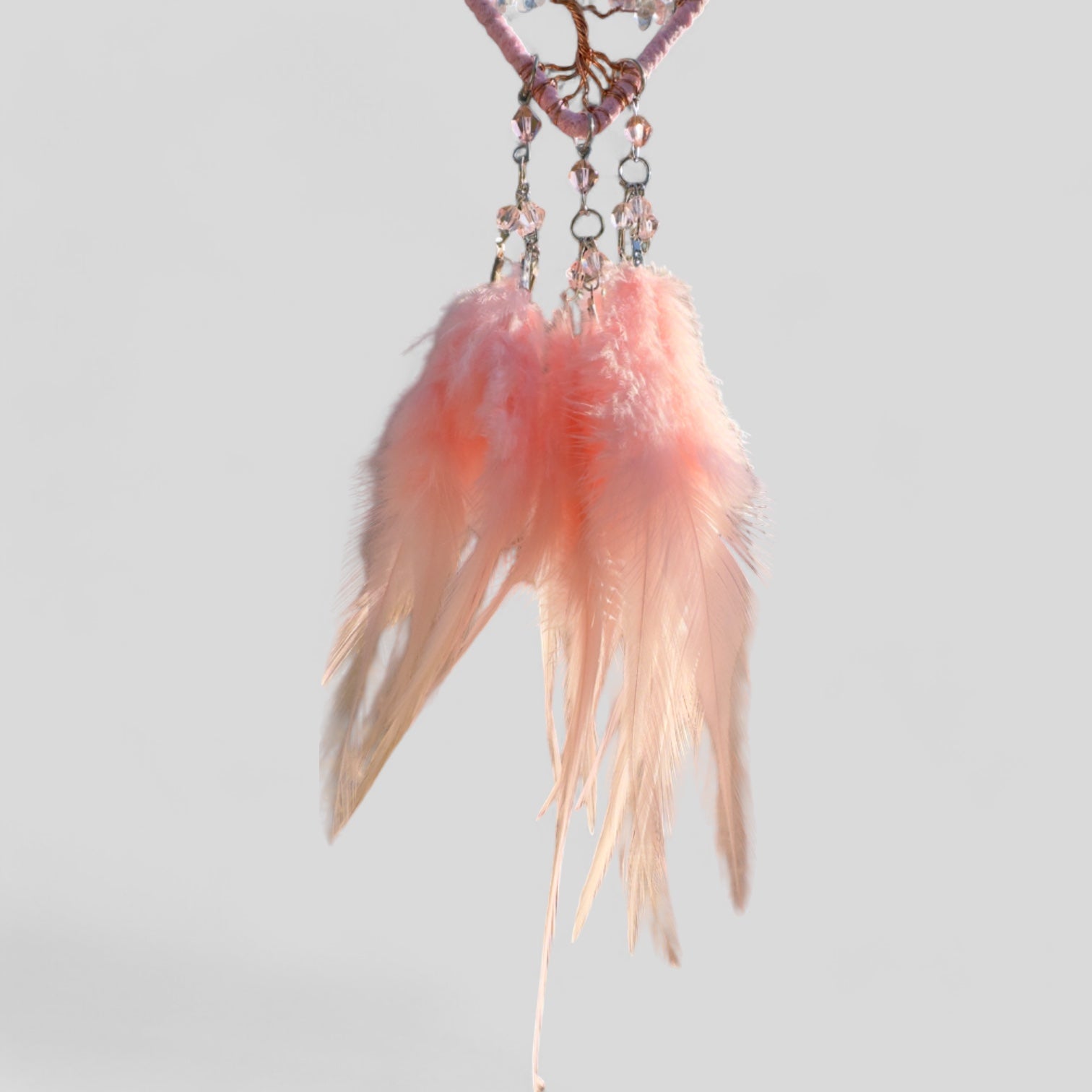 Handmade Pink Heart Shape Tree of Life Dreamcatcher with Pink Feathers - Rose Quartz Rearview Mirror Hanging or Wall Hanging-2