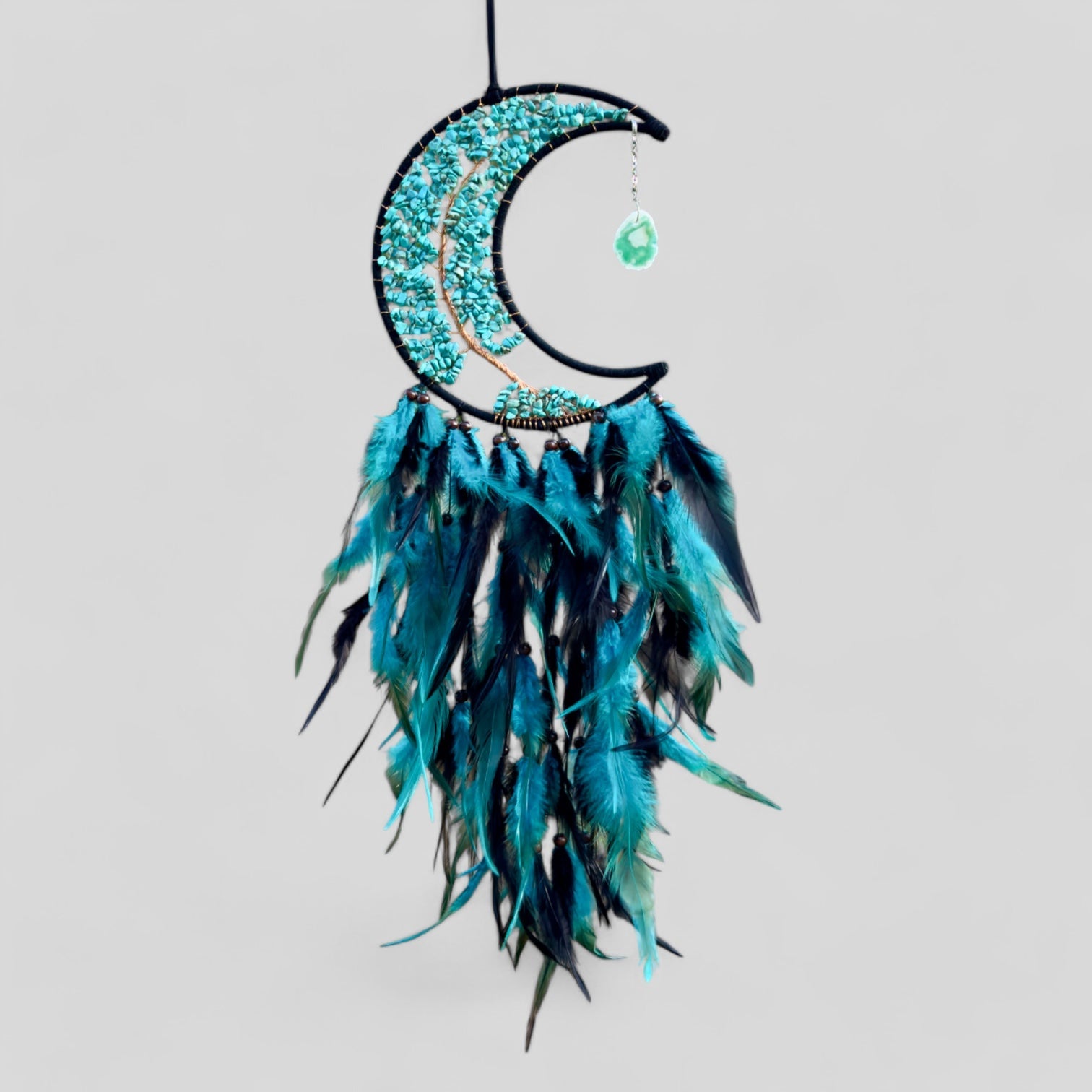Medium Wall Hanging Crescent Moon Dream Catcher with Turquoise Stones & Hanging Stone Charm with Turquoise Black Feathers Modern Home Decor-0