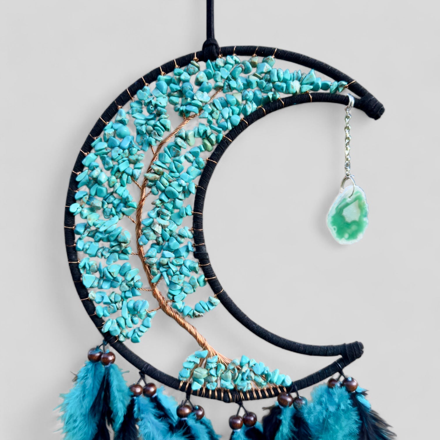 Medium Wall Hanging Crescent Moon Dream Catcher with Turquoise Stones & Hanging Stone Charm with Turquoise Black Feathers Modern Home Decor-1