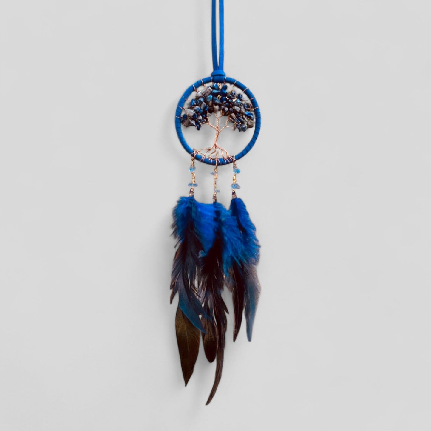 Handmade Blue Tree of Life Dreamcatcher with Blue & Black Feathers - Lapis Lazuli -- Rearview Mirror Hanging or Wall Hanging-0