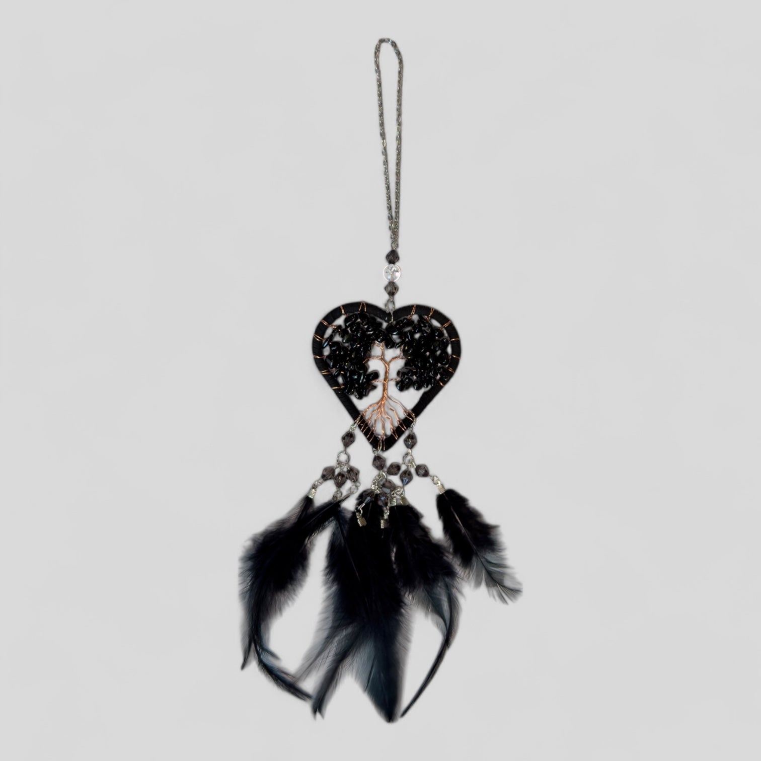 Handmade Black Heart Shape Tree of Life Dreamcatcher with Black Feathers - Black Obsidian Rearview Mirror Hanging or Wall Hanging-0