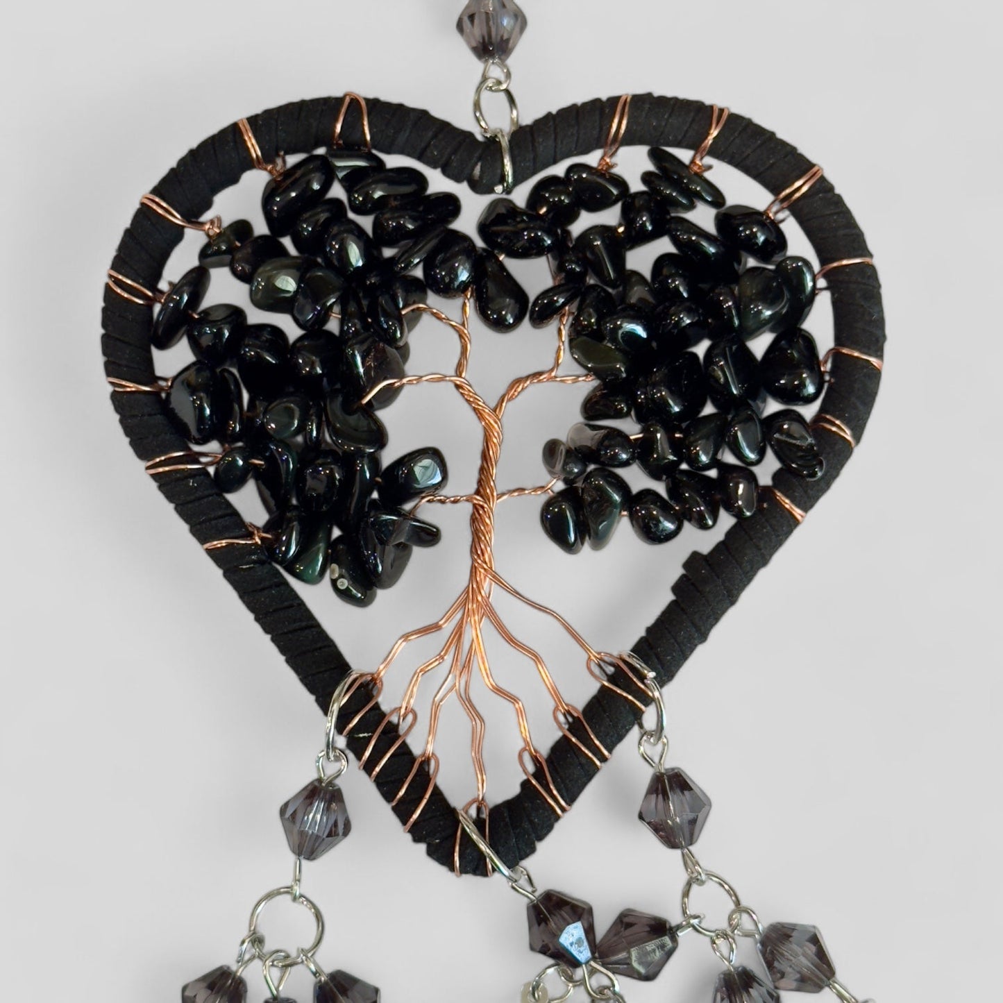 Handmade Black Heart Shape Tree of Life Dreamcatcher with Black Feathers - Black Obsidian Rearview Mirror Hanging or Wall Hanging-1