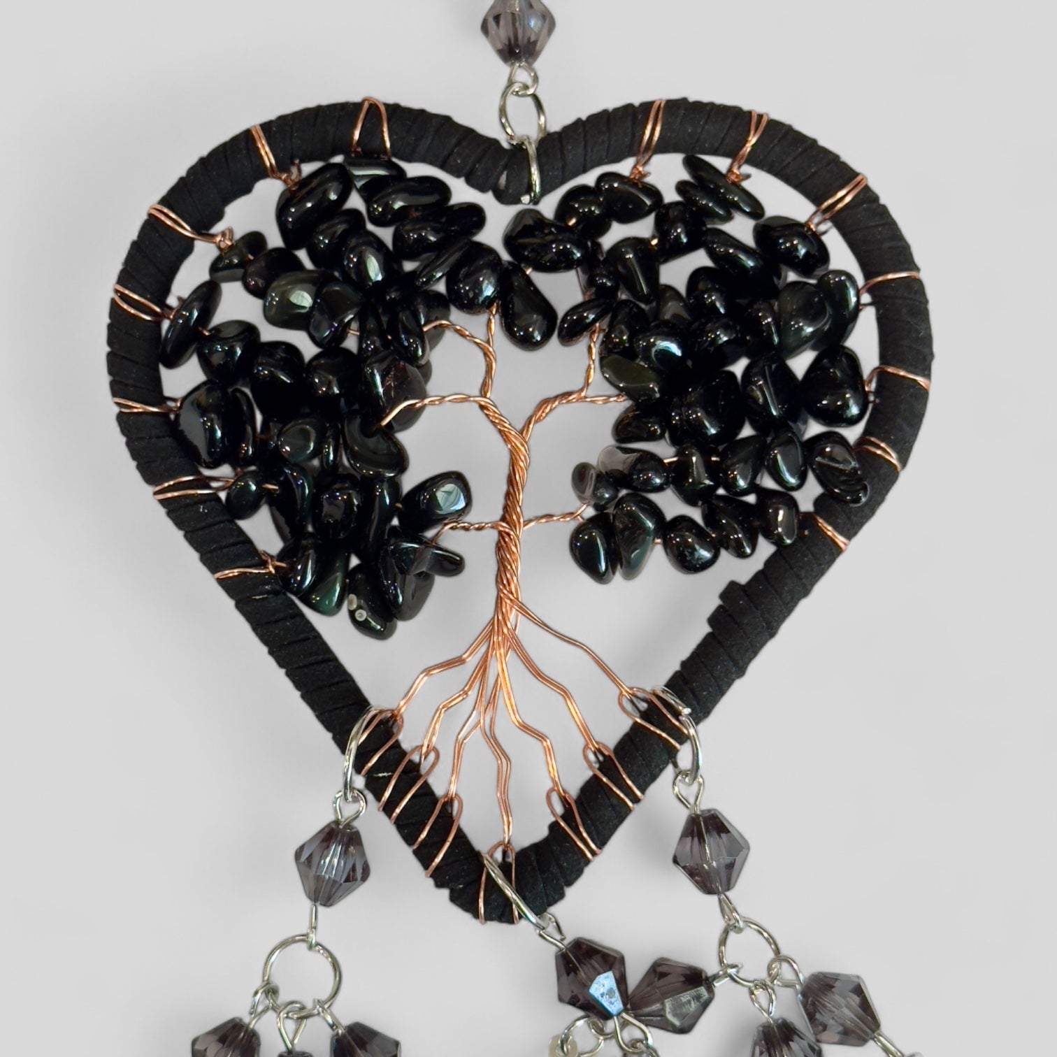 Handmade Black Heart Shape Tree of Life Dreamcatcher with Black Feathers - Black Obsidian Rearview Mirror Hanging or Wall Hanging-1