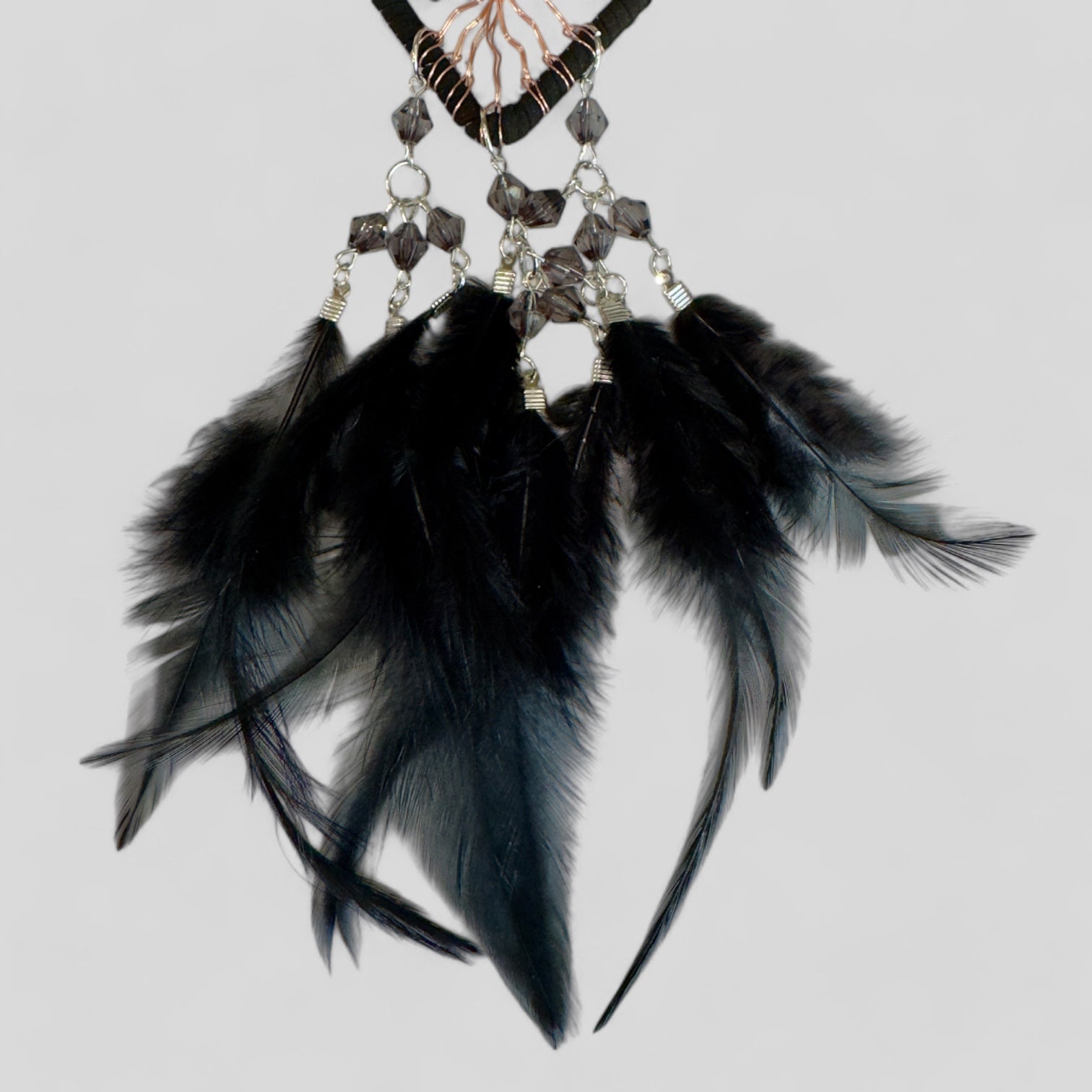 Handmade Black Heart Shape Tree of Life Dreamcatcher with Black Feathers - Black Obsidian Rearview Mirror Hanging or Wall Hanging-2