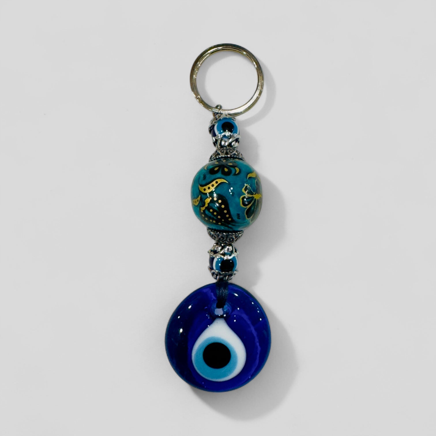 Evil Eye Nazar Boncuk Mal De Ojo Keychain with Hand Painted Ceramic Ball - Green and Gold Floral Tulip-0
