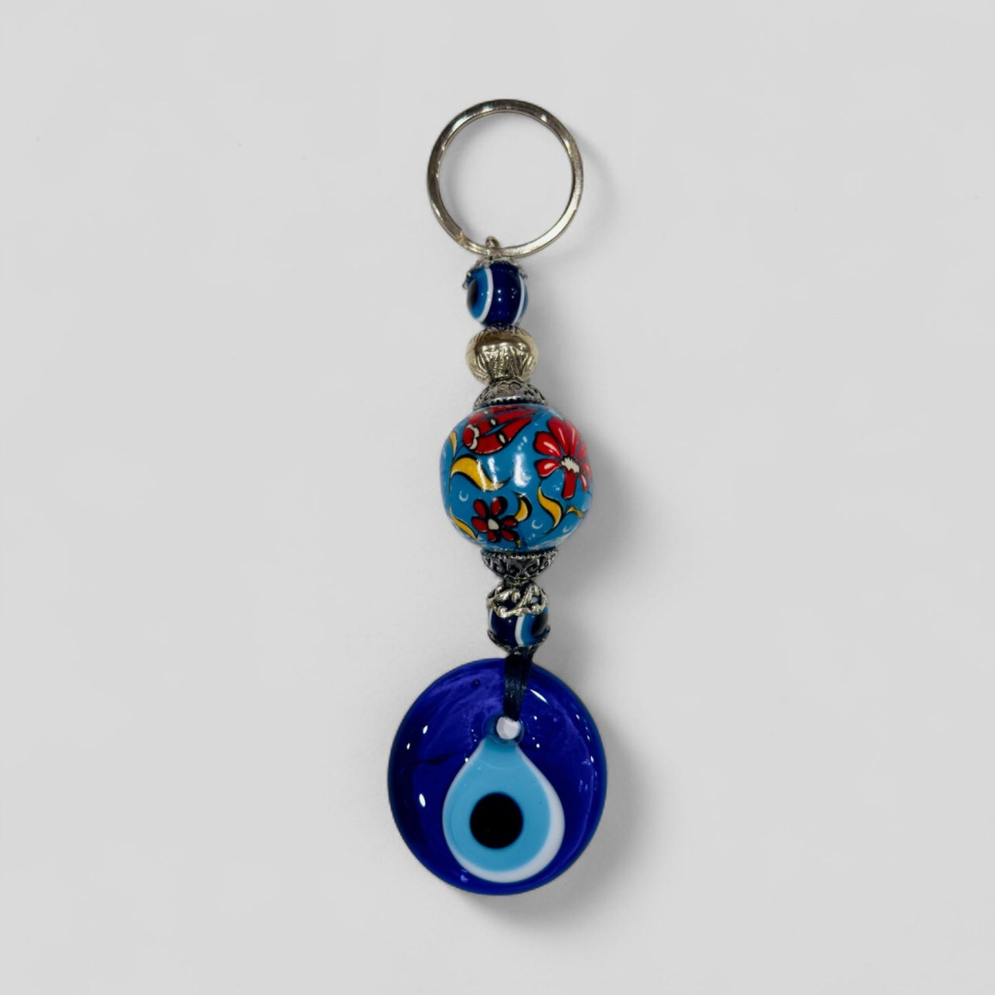 Evil Eye Nazar Boncuk Mal De Ojo Keychain with Hand Painted Ceramic Ball - Light Blue Floral Tulip-0