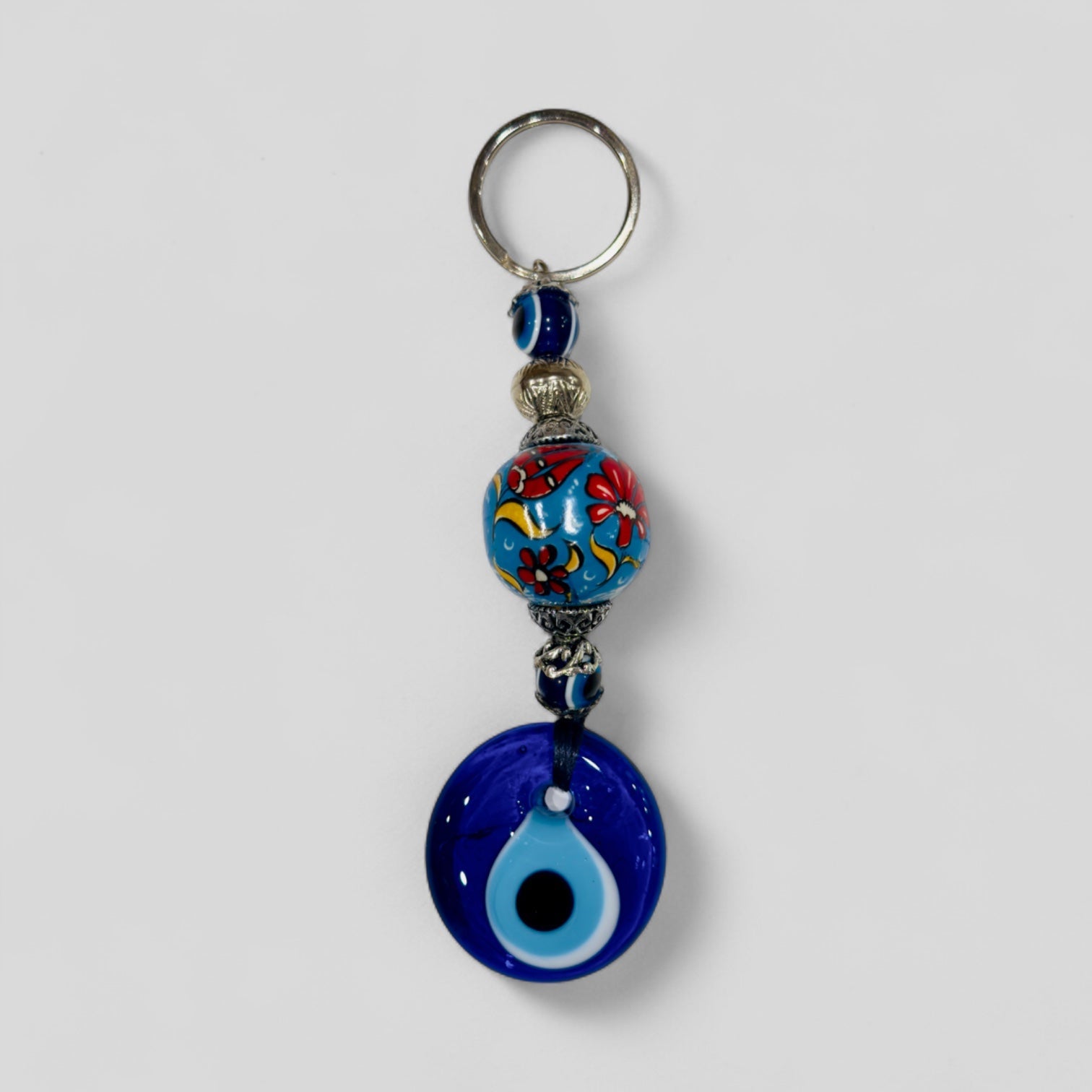 Evil Eye Nazar Boncuk Mal De Ojo Keychain with Hand Painted Ceramic Ball - Light Blue Floral Tulip-0