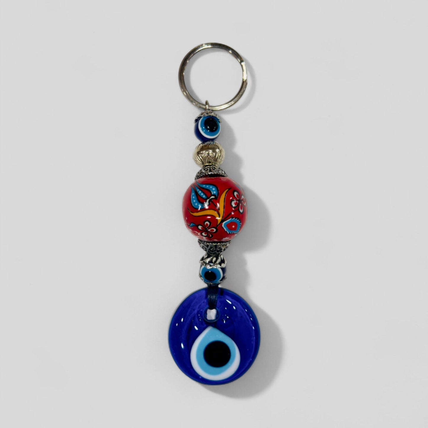 Evil Eye Nazar Boncuk Mal De Ojo Keychain with Hand Painted Ceramic Ball - Red Floral Tulip-0