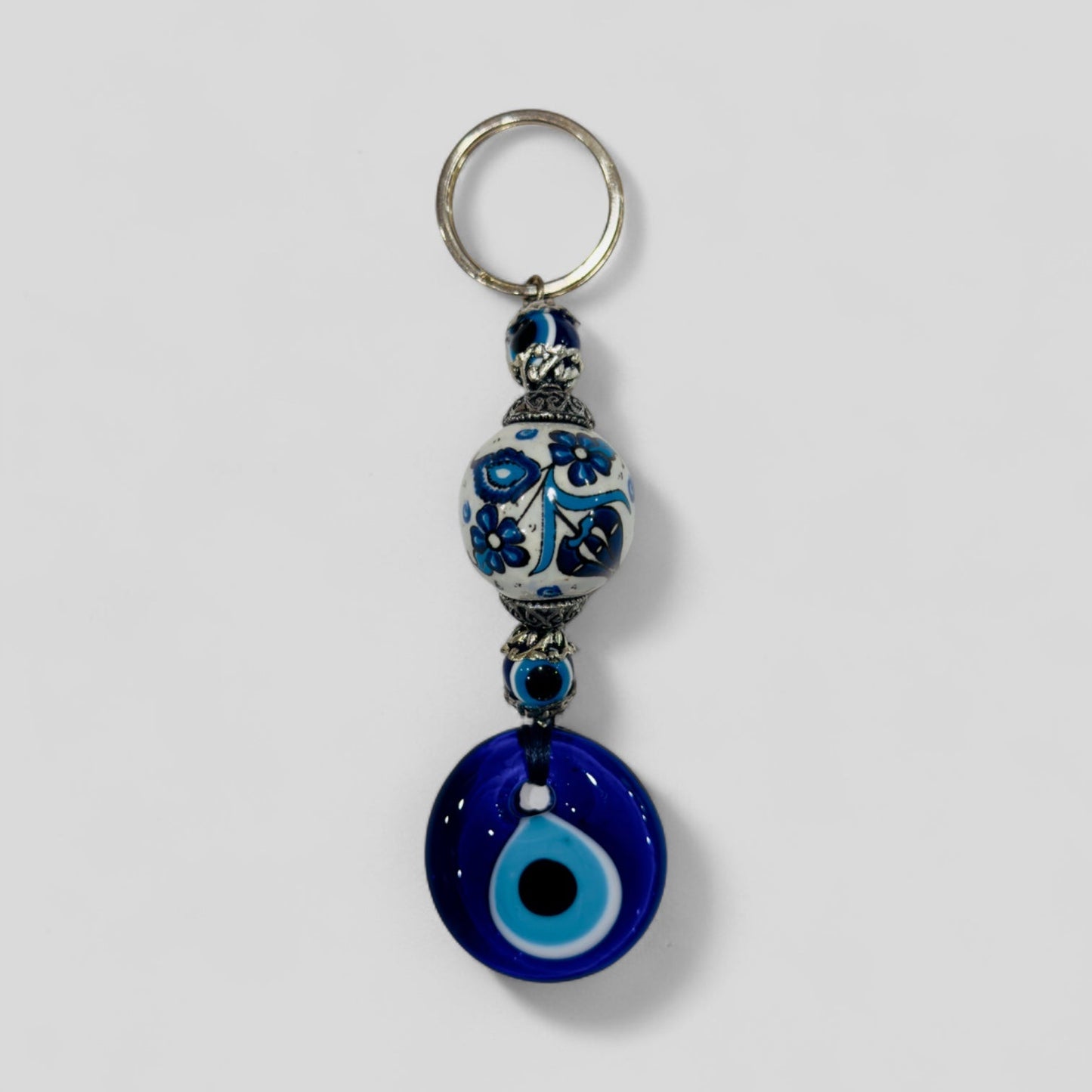 Evil Eye Nazar Boncuk Mal De Ojo Keychain with Hand Painted Ceramic Ball - White and Blue Floral Tulip-0