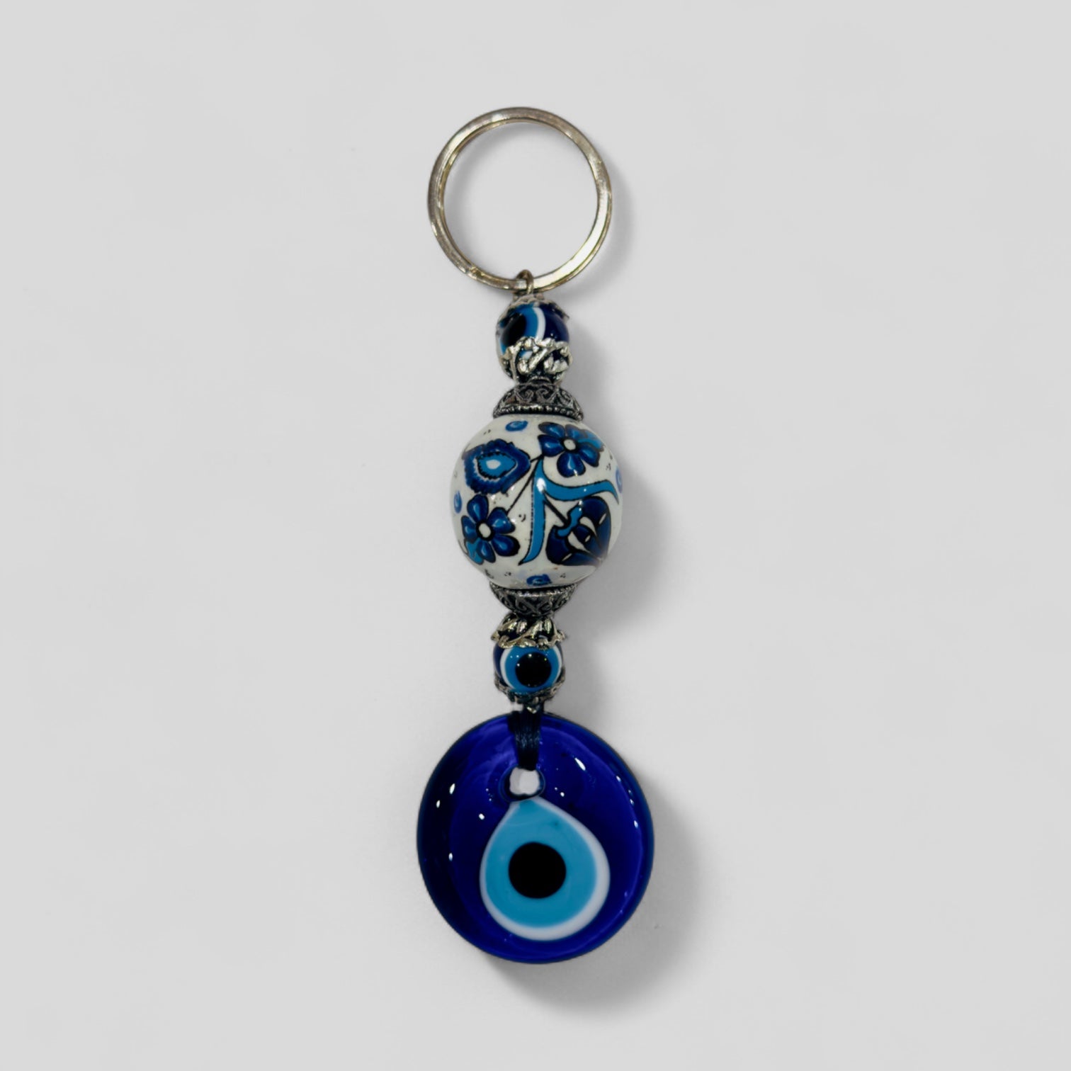 Evil Eye Nazar Boncuk Mal De Ojo Keychain with Hand Painted Ceramic Ball - White and Blue Floral Tulip-0
