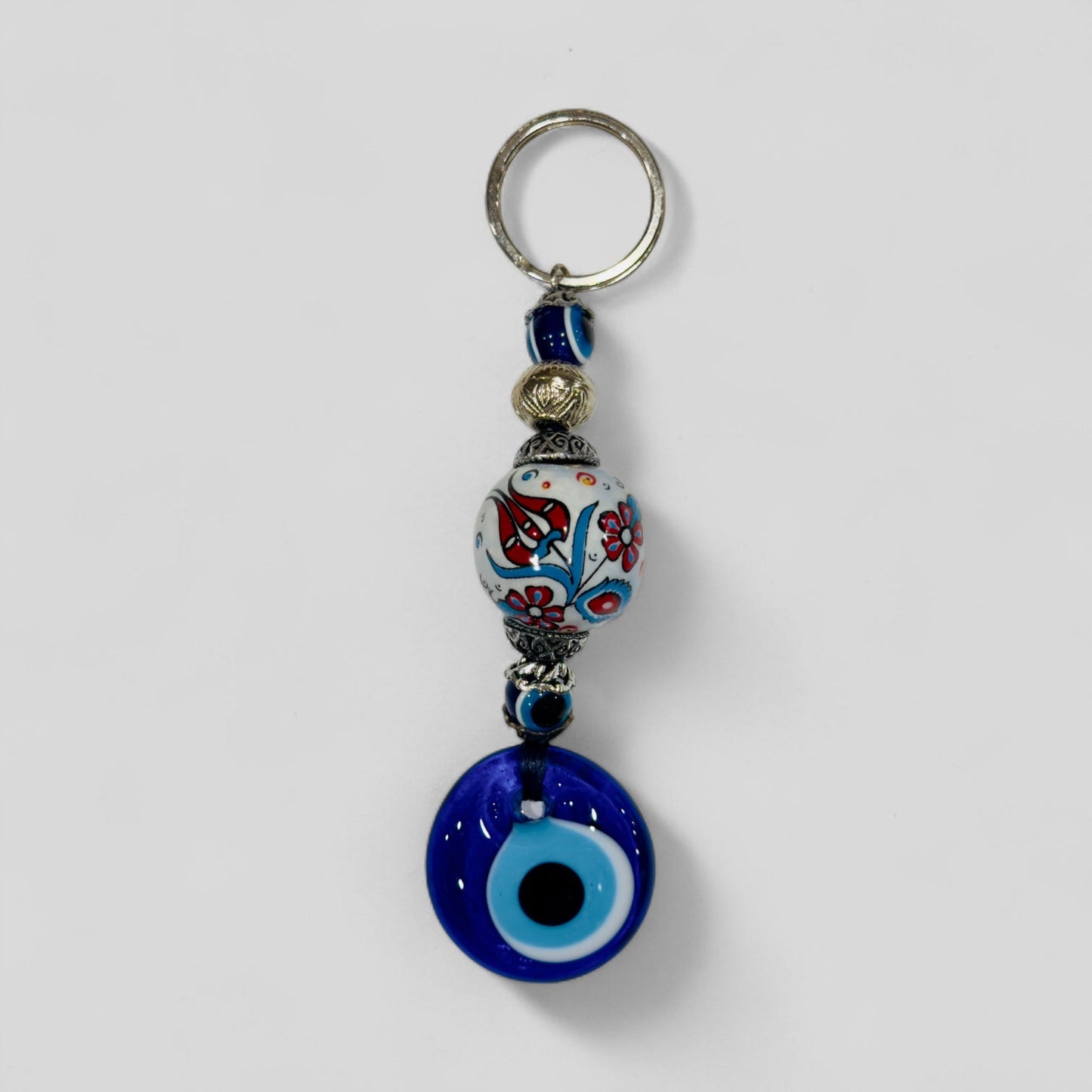 Evil Eye Nazar Boncuk Mal De Ojo Keychain with Hand Painted Ceramic Ball - White & Red Floral Tulip-0