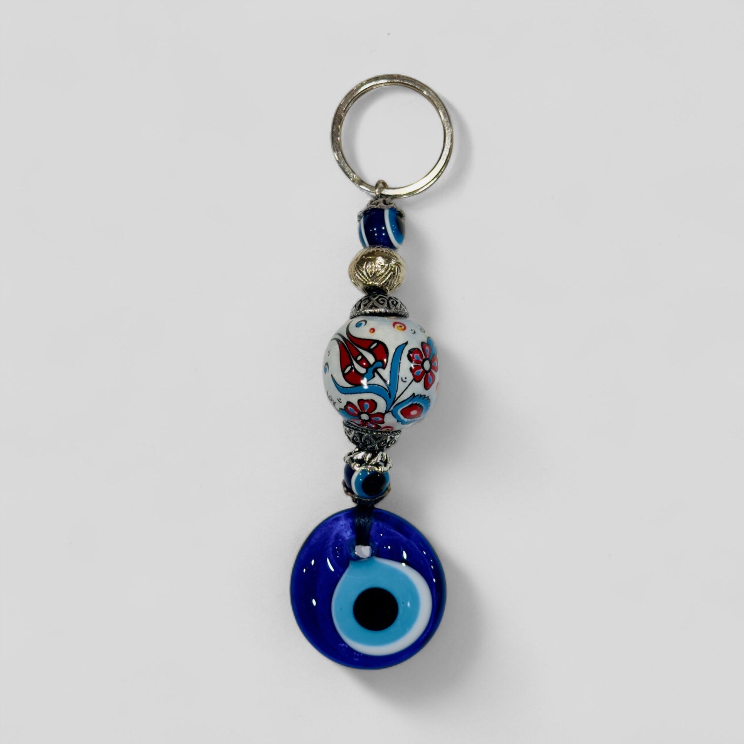 Evil Eye Nazar Boncuk Mal De Ojo Keychain with Hand Painted Ceramic Ball - White & Red Floral Tulip-0