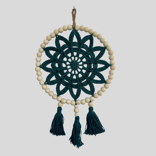 9.5" Handmade Wood Bead Frame Macrame Dreamcatcher - Nursery and Kid's Room Decor -- Forest Green-0