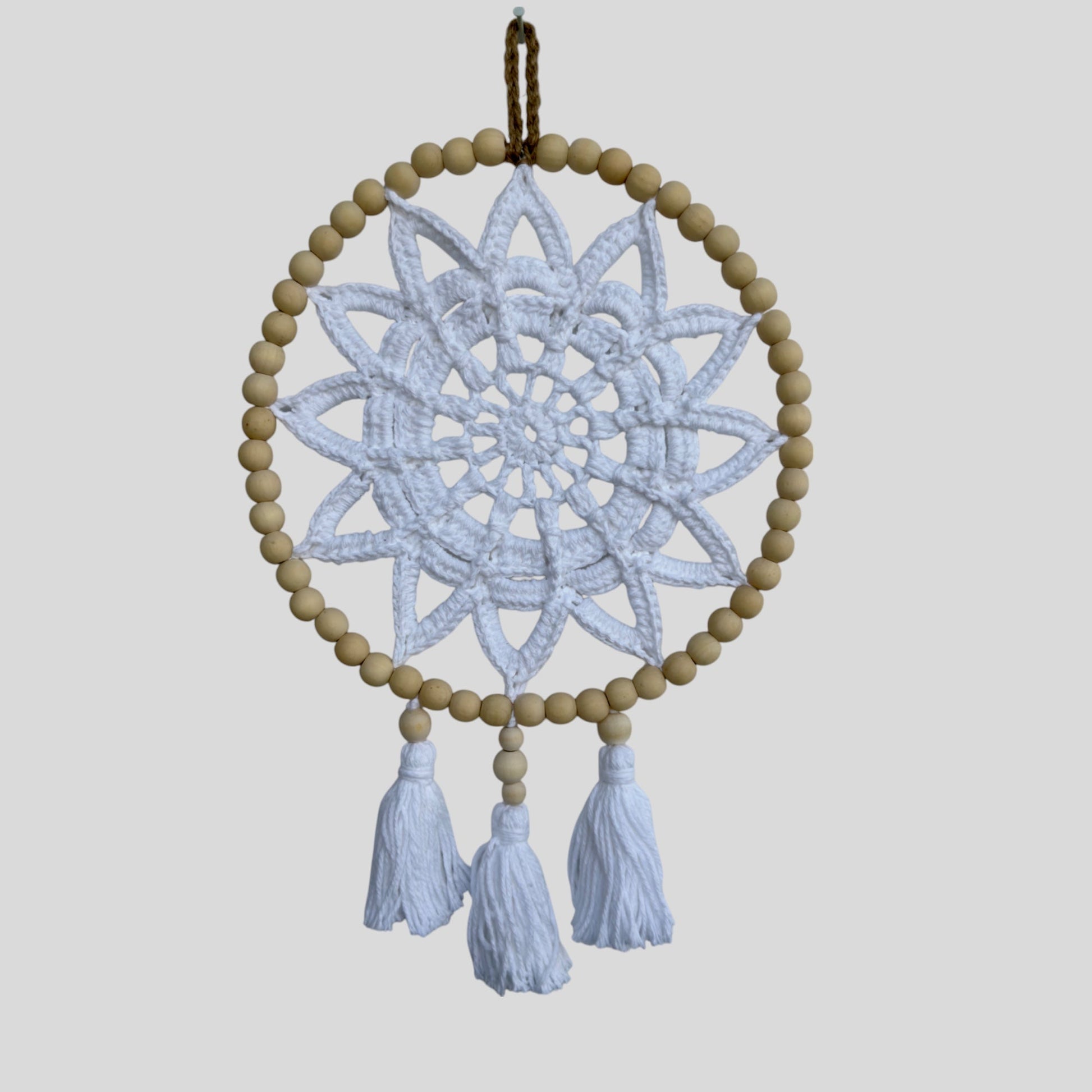 10" Handmade Wood Bead Frame Macrame Dreamcatcher - Nursery and Kid's Room Decor -- White-0