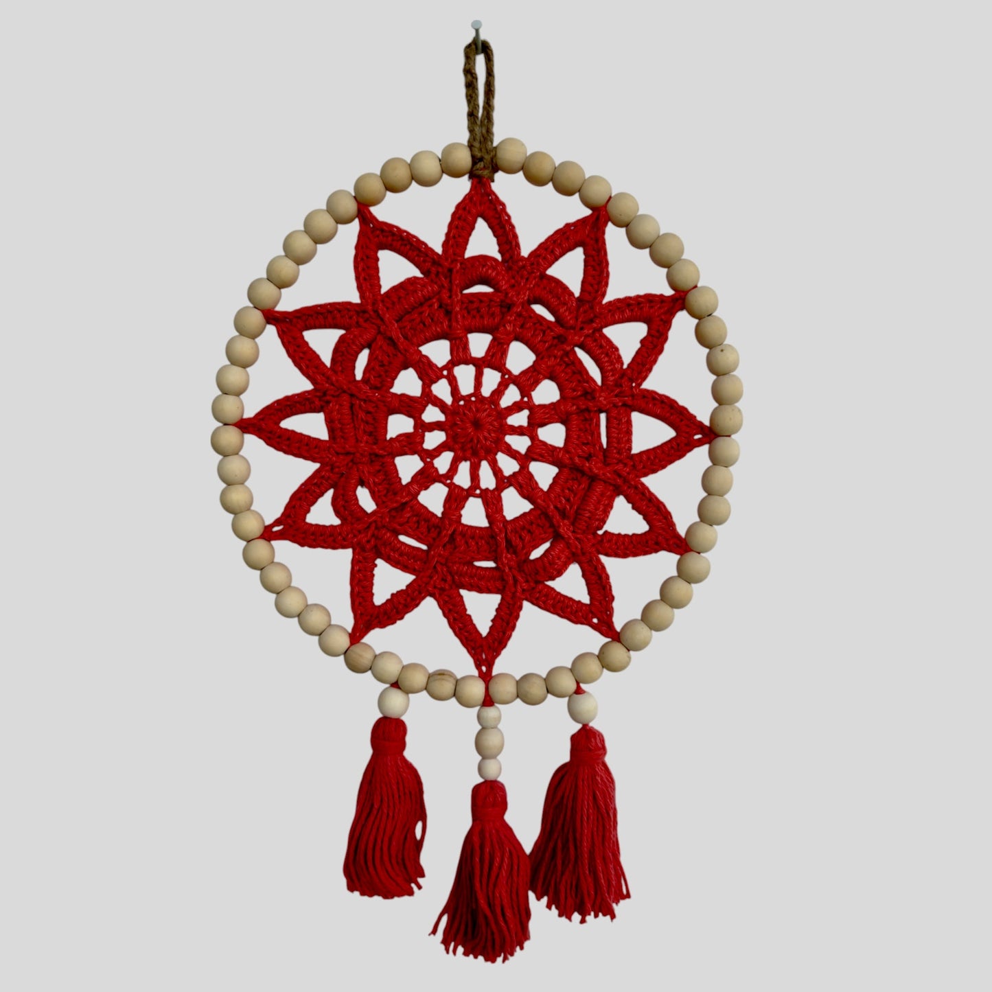 10" Handmade Wood Bead Frame Macrame Dreamcatcher - Nursery and Kid's Room Decor -- Coral-0