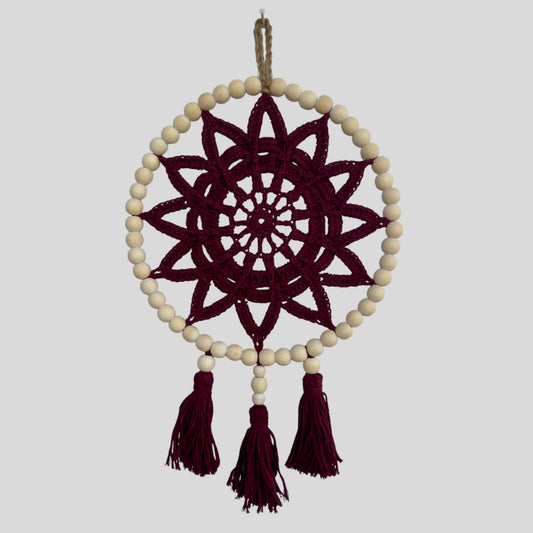 9.5" Handmade Wood Bead Frame Macrame Dreamcatcher - Nursery and Kid's Room Decor -- Burgundy-0