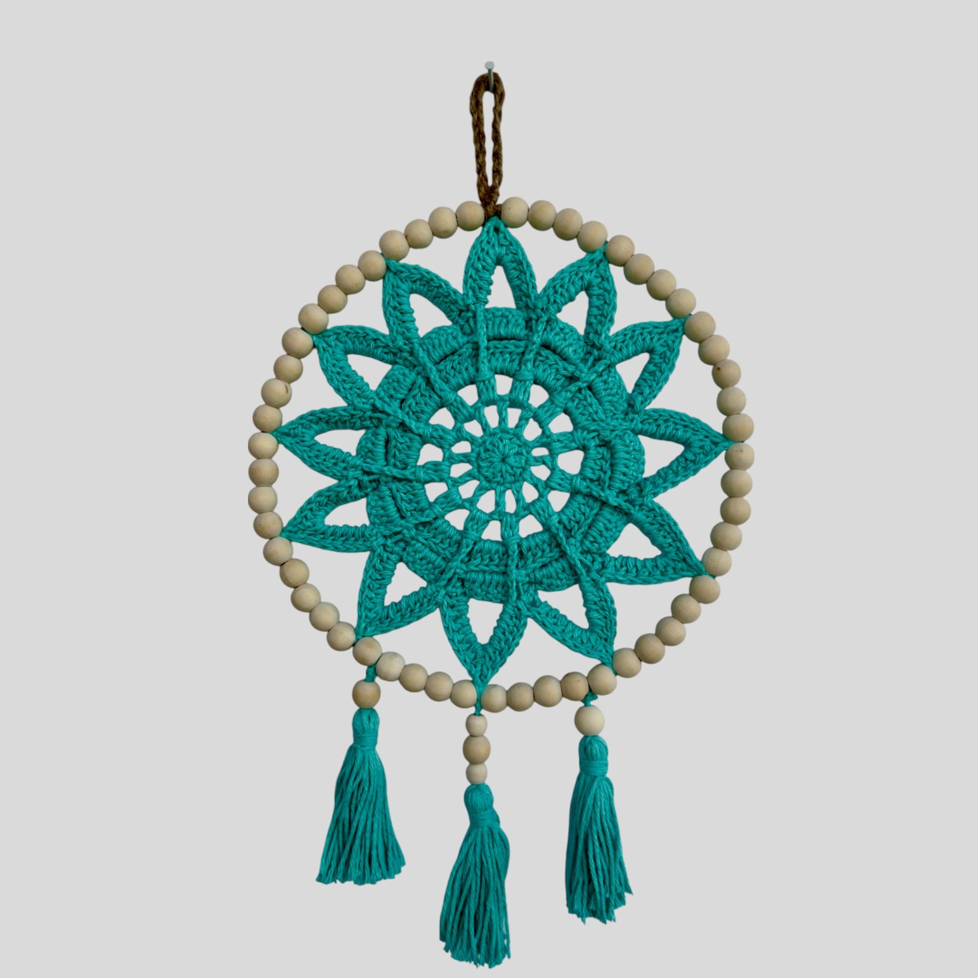 10" Handmade Wood Bead Frame Macrame Dreamcatcher - Nursery and Kid's Room Decor -- Turquoise-0