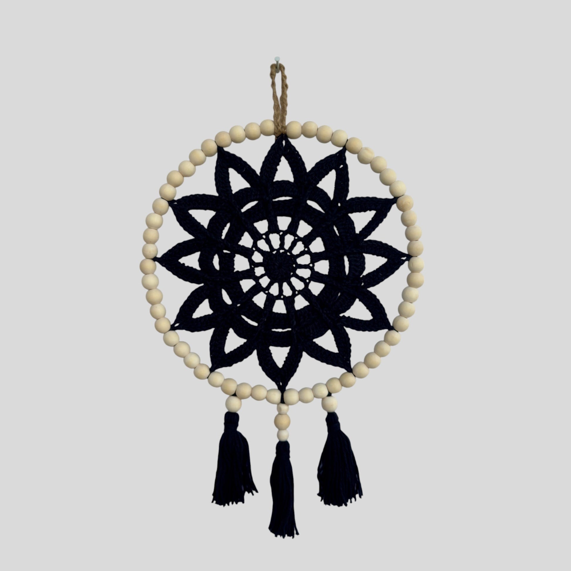 10" Handmade Wood Bead Frame Macrame Dreamcatcher - Nursery and Kid's Room Decor -- Black-0