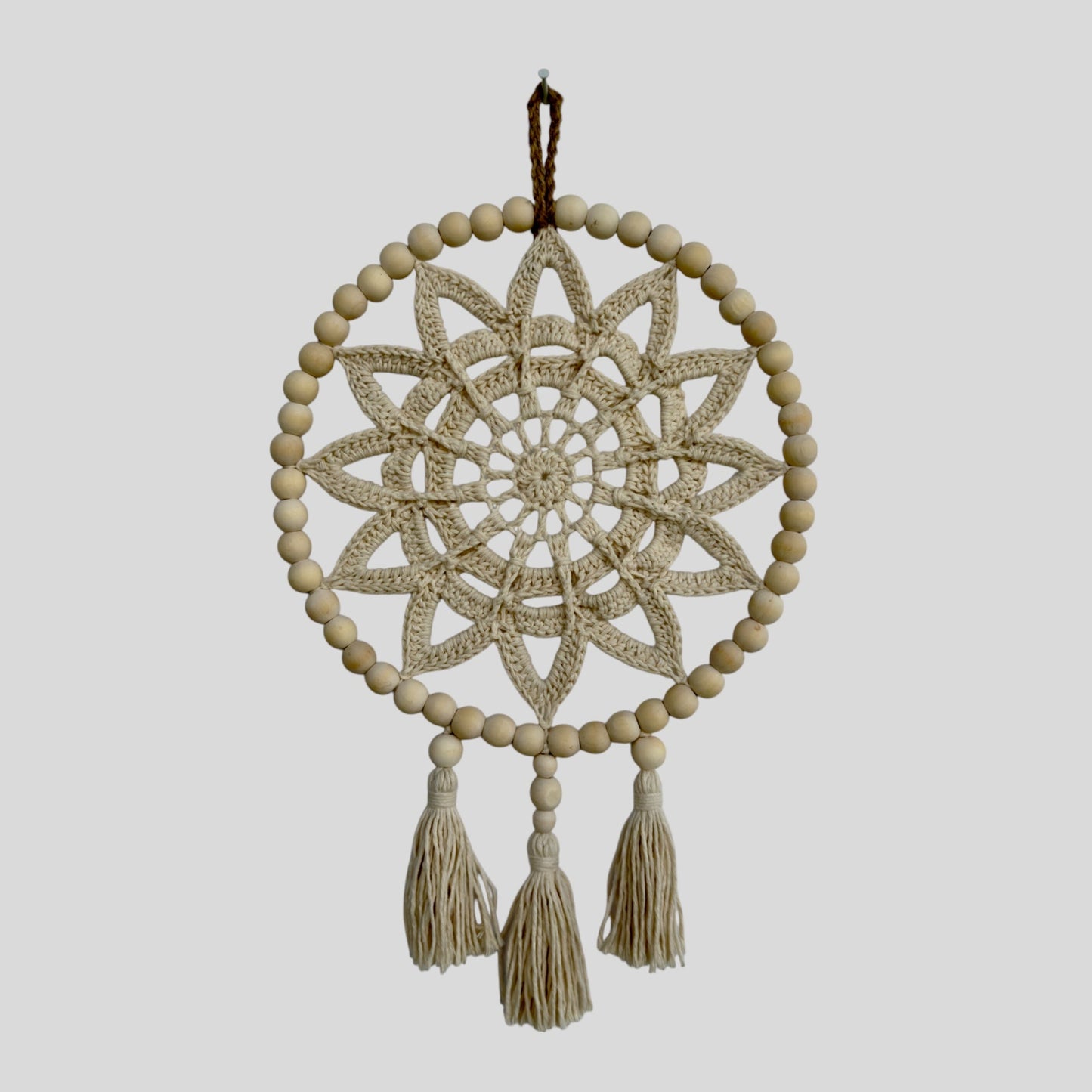 10" Handmade Wood Bead Frame Macrame Dreamcatcher - Nursery and Kid's Room Decor -- Off White / Tan / Cream-0