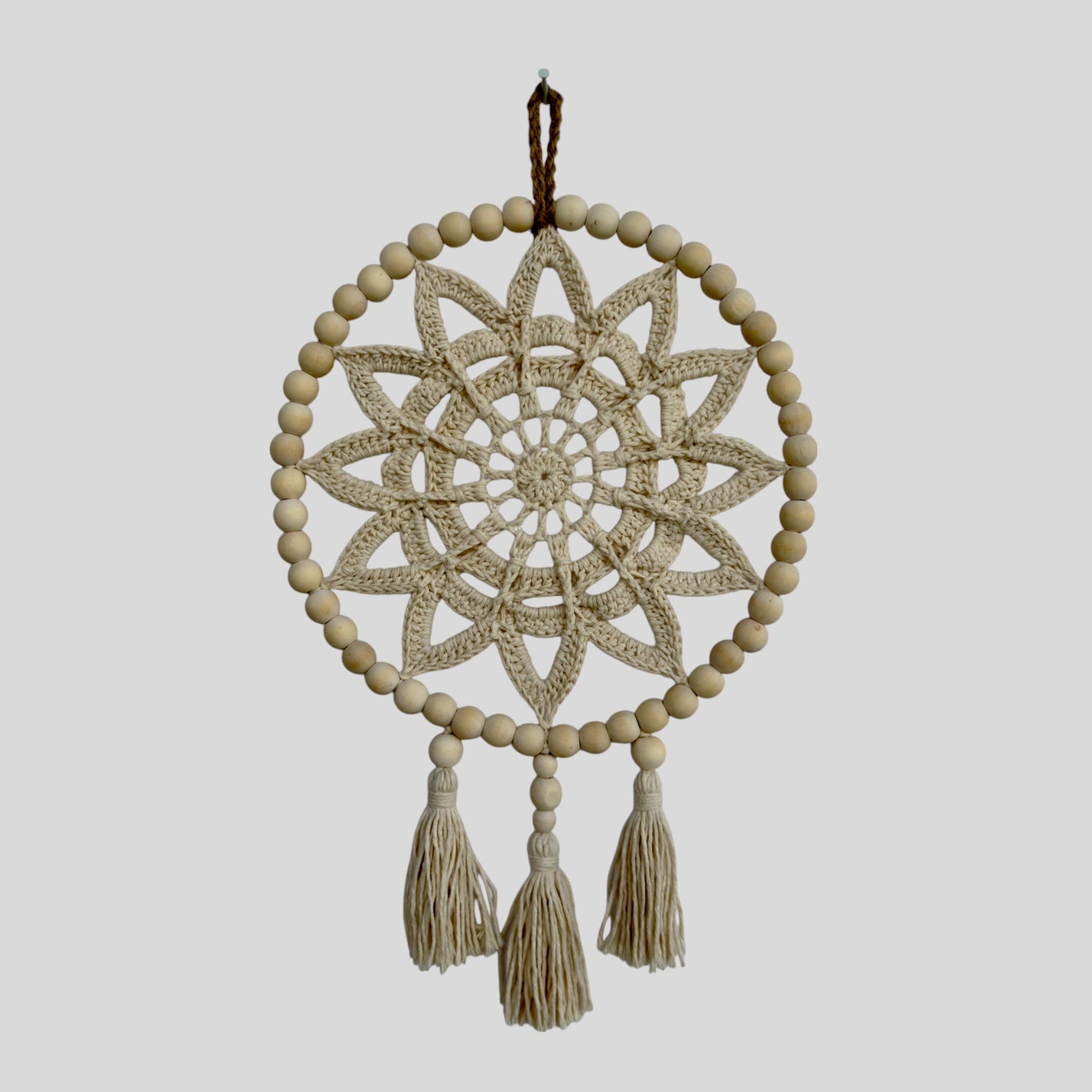 10" Handmade Wood Bead Frame Macrame Dreamcatcher - Nursery and Kid's Room Decor -- Off White / Tan / Cream-0