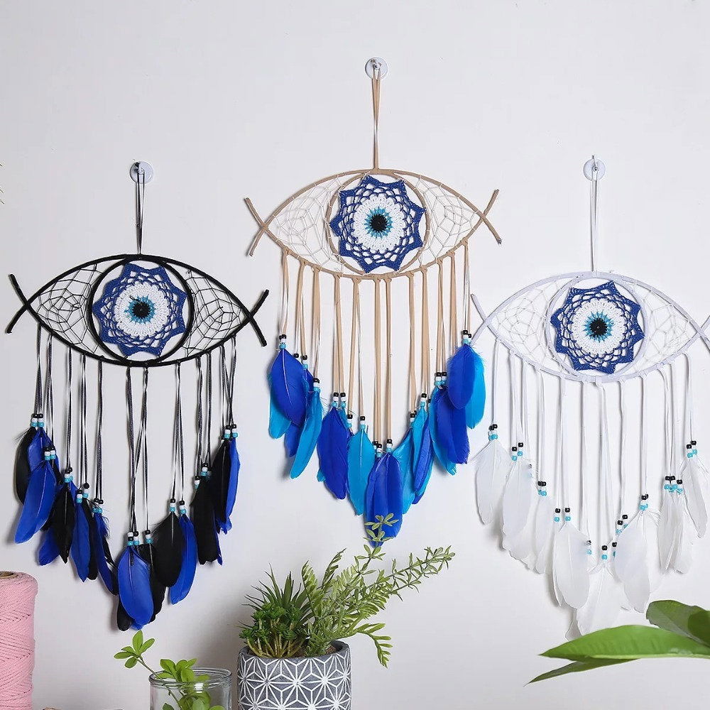 Large Wall Hanging Evil Eye Nazar Boncuk Mal De Ojo Dream Catcher with Feathers, Modern Boho Style Home Decor-0