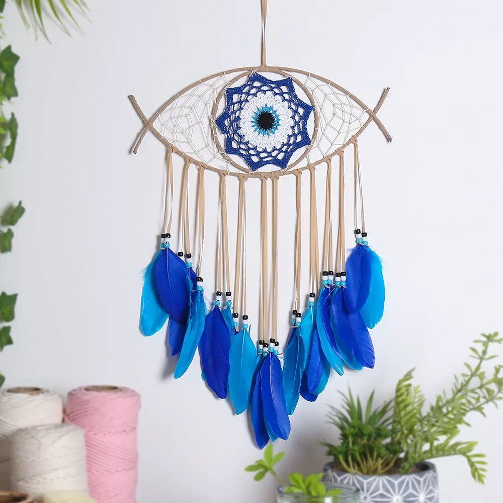 Large Wall Hanging Evil Eye Nazar Boncuk Mal De Ojo Dream Catcher with Feathers, Modern Boho Style Home Decor-1