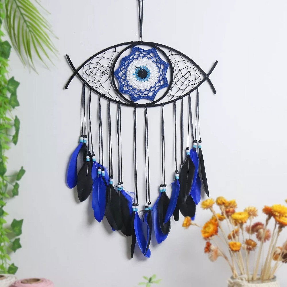 Large Wall Hanging Evil Eye Nazar Boncuk Mal De Ojo Dream Catcher with Feathers, Modern Boho Style Home Decor-2