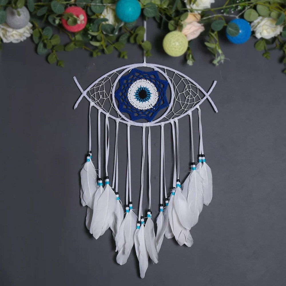 Large Wall Hanging Evil Eye Nazar Boncuk Mal De Ojo Dream Catcher with Feathers, Modern Boho Style Home Decor-3