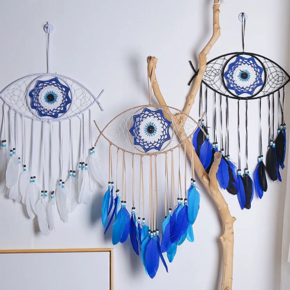 Large Wall Hanging Evil Eye Nazar Boncuk Mal De Ojo Dream Catcher with Feathers, Modern Boho Style Home Decor-4
