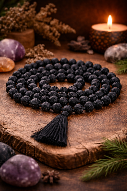 Lava Stone Mala Necklace – 6mm Grounding Meditation Mala with Short Tassel, Essential Oil Diffuser Jewelry
