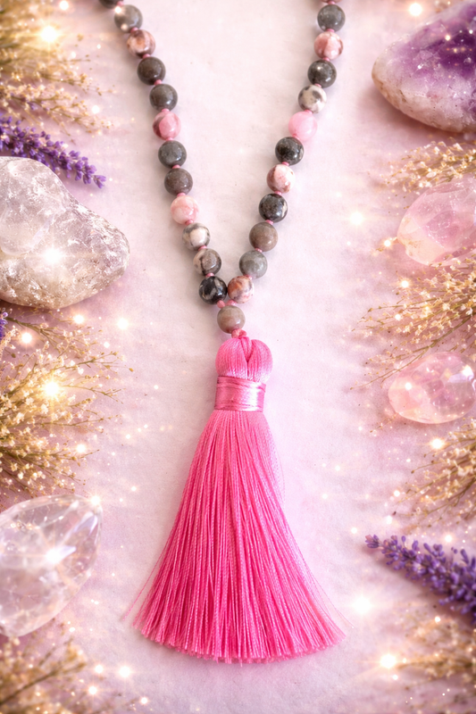 Queen Archetype Mala Necklace | Rose Quartz, Pink Zebra Jasper & Labradorite | 108 Bead Mala